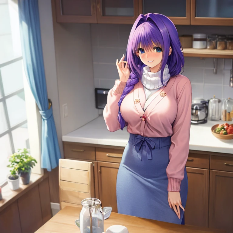Tang Wutong, big , wearing off shoulder sweater and cotton shorts, home kitchen