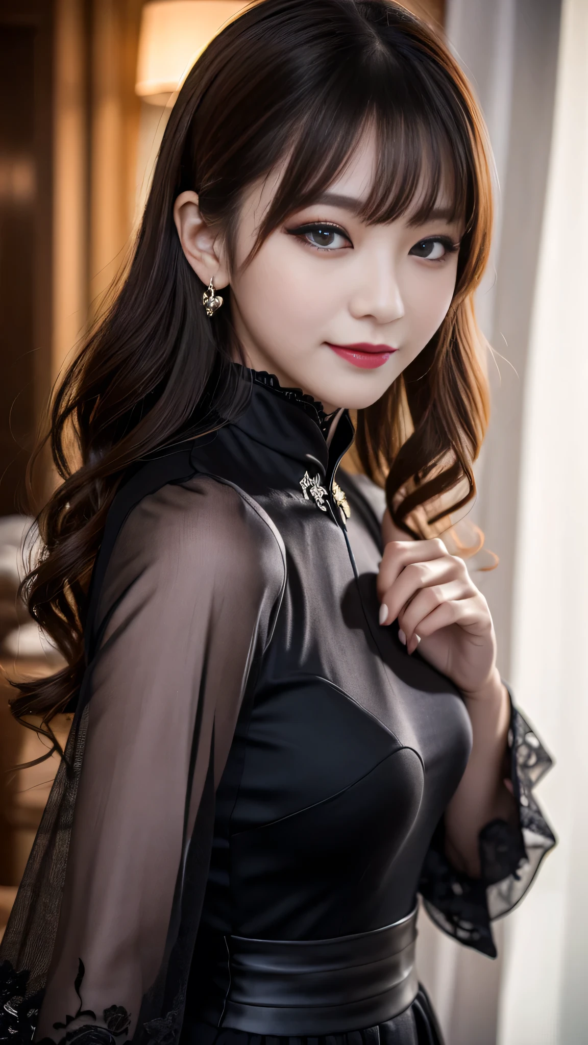 tra-detailed、Japanese、Attractive beauty、seductive adult woman、Pretty Woman、piercing eyes、cool girl、wavy hair、swept bangs、Long Black Cheongsam、Wide sleeves、Evil cadres、Fallen into evil、brainwash、mind control、lipstick、lip gloss、dark makeup、smirk、Whisper in my ear、Evil expression、evil、hollow eyes,half-closed eyes、empty eyes、evil、church at night、Vampire、succubus、vampire、Hypnosis、Swear allegiance、sexy pose、