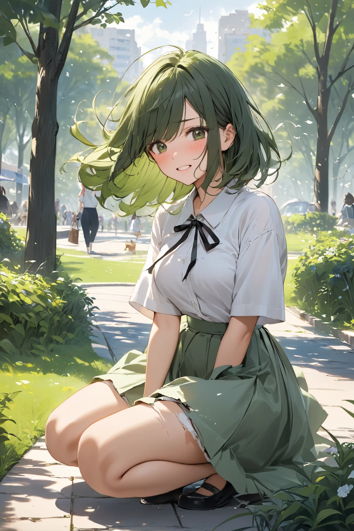girl with green short hair, school royal clothes, leave, 8k resolution, cute girl
