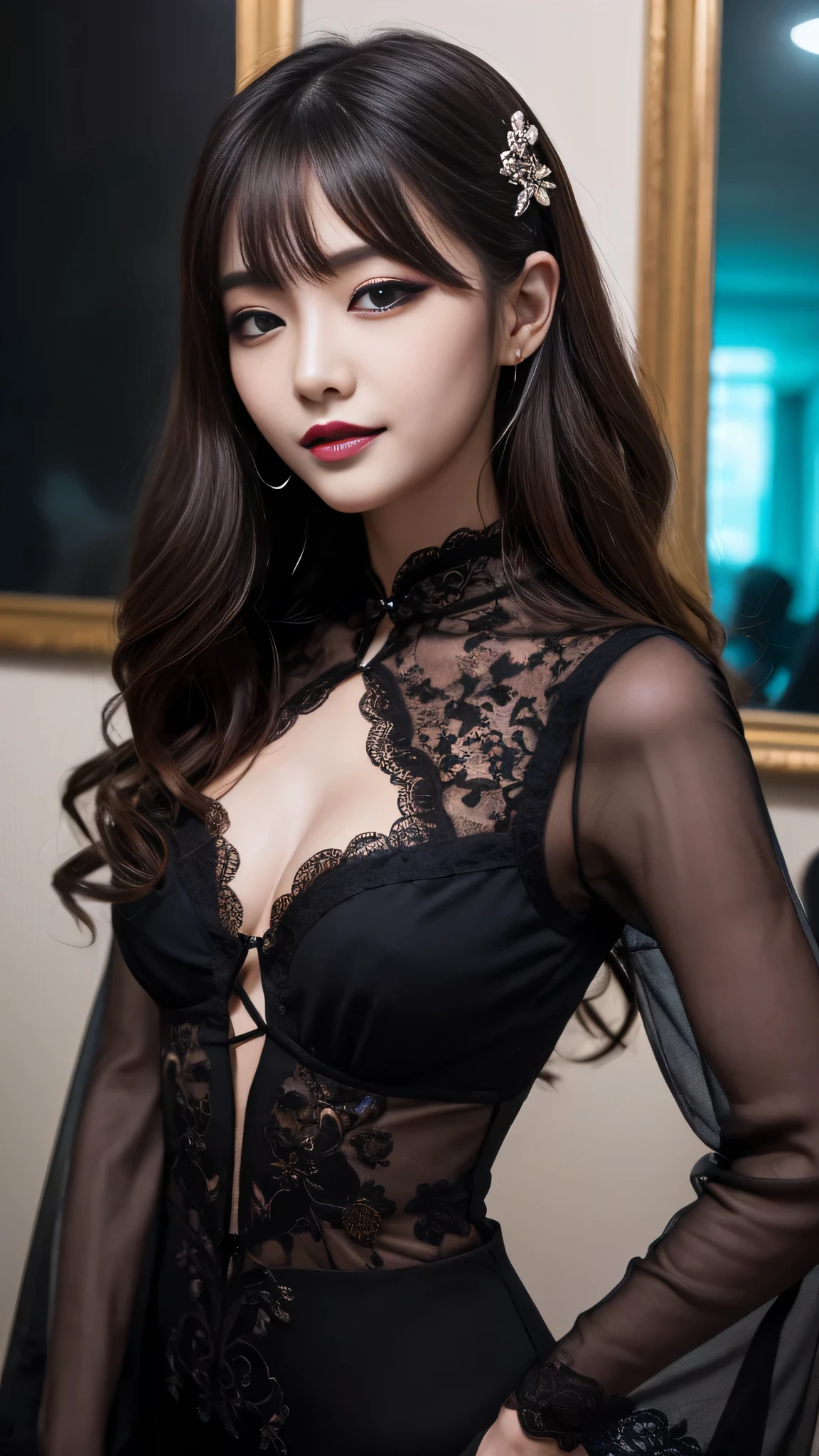 best quality、ultra-detailed、8k、Japanese、Japanese、Seductive beauty、seductive adult woman、Pretty Woman、cool girl、smirk、Wicked Smile、Villainess、brainwash makeup、Brainwashed、brainwash、Fallen into evil、Evil look、evil、Brown hair、wavy hair、swept bangs、dark makeup、piercing eyes、hollow eyes,half-closed eyes、Hollow Eyes、purple Eyeshadow、black lipstick、black lipglos、black elegant dress、wide sleeve、Black flared skirt、lace fabric gloves、Beige Stockings、skin color pantyhose、night、inside darkroom、Kiss、I have lipstick、Are standing、Look、Offer、shoot from below、Swear allegiance、I have pledged my allegiance、Female Combatant、Evil female executive、brainwashing、Fallen into evil、Fall into Darkness