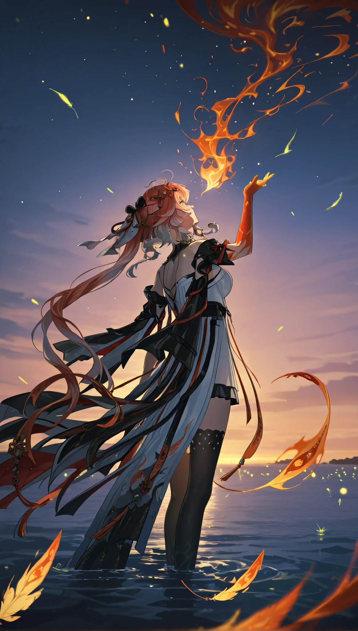 Wuthering Waves Changli, standing on the water, looking up at the sky, a firebird flies by, dropping flaming feathers