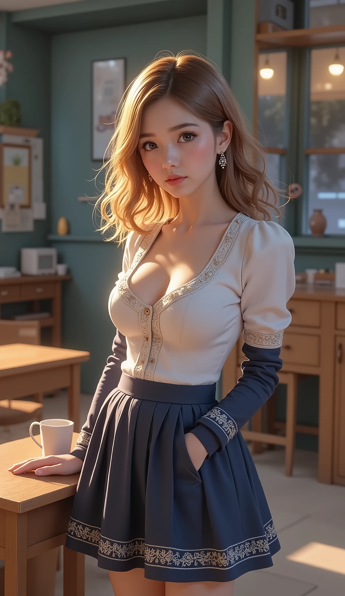 ( masterpiece, Highest_ quality:1.2), 1 girls on the left, Alone, cute, Huge_chest:1.4, School_ girls on the left_clothing:1.5, fine eyes , detailed lips, long eyelashes, beautiful, Elegant , Quiet look, intricate detail on the edge of the garment, photo by Nomi, studio lighting , bright colors, by Nomi, warm color lighting, cinematic , detailed background, class_room:1.3