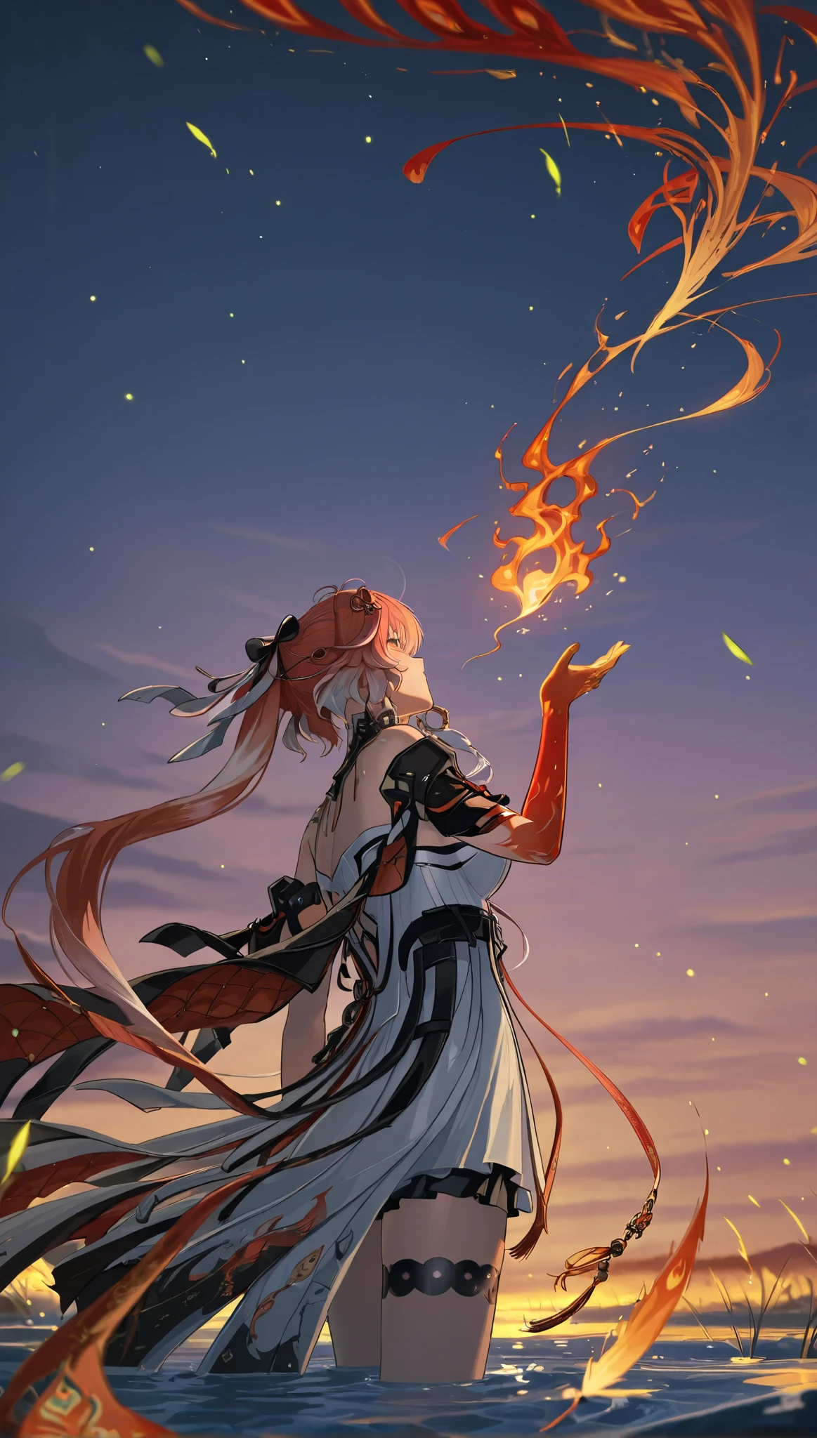 Wuthering Waves Changli, standing on the water, looking up at the sky, a firebird flies by, dropping flaming feathers