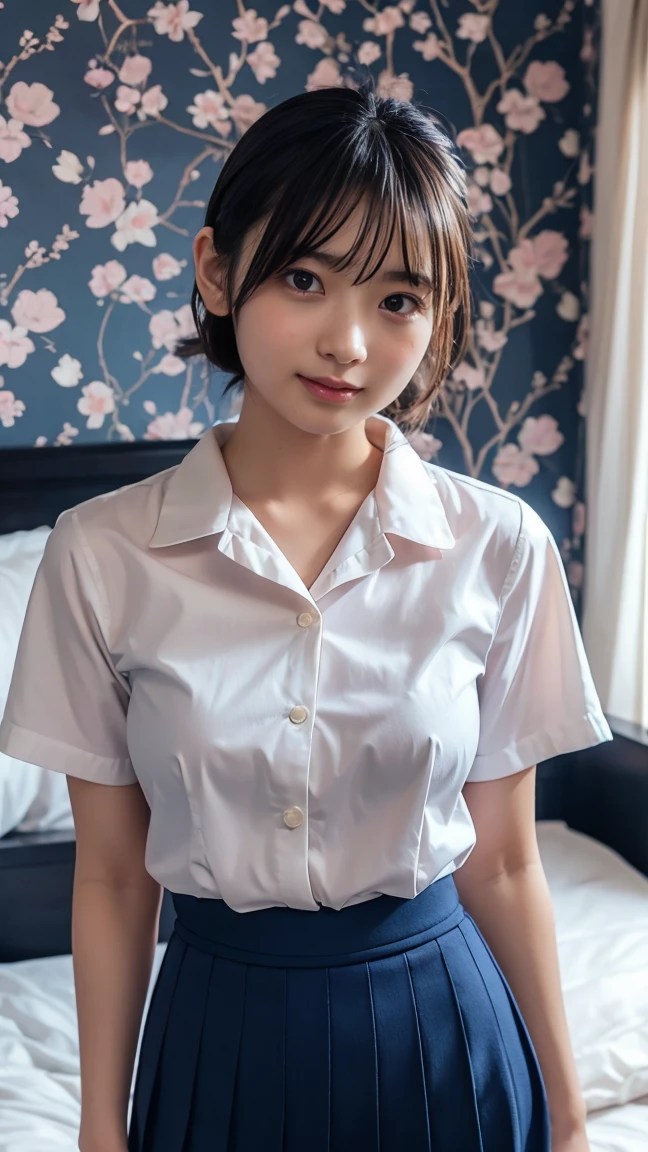 17 years old,blouse、woman sleeping in bed、japanese model、young sensual gravure idol、young cute gravure idol、リアルなyoung gravure idol、Realistic sensual gravure idol、young gravure idol、sophisticated gravure idol、Yoshitomo Nara、young skinny gravure idol、beautiful asian girl、full body shot、brown skirt、smile、highly detailed face、bold pose