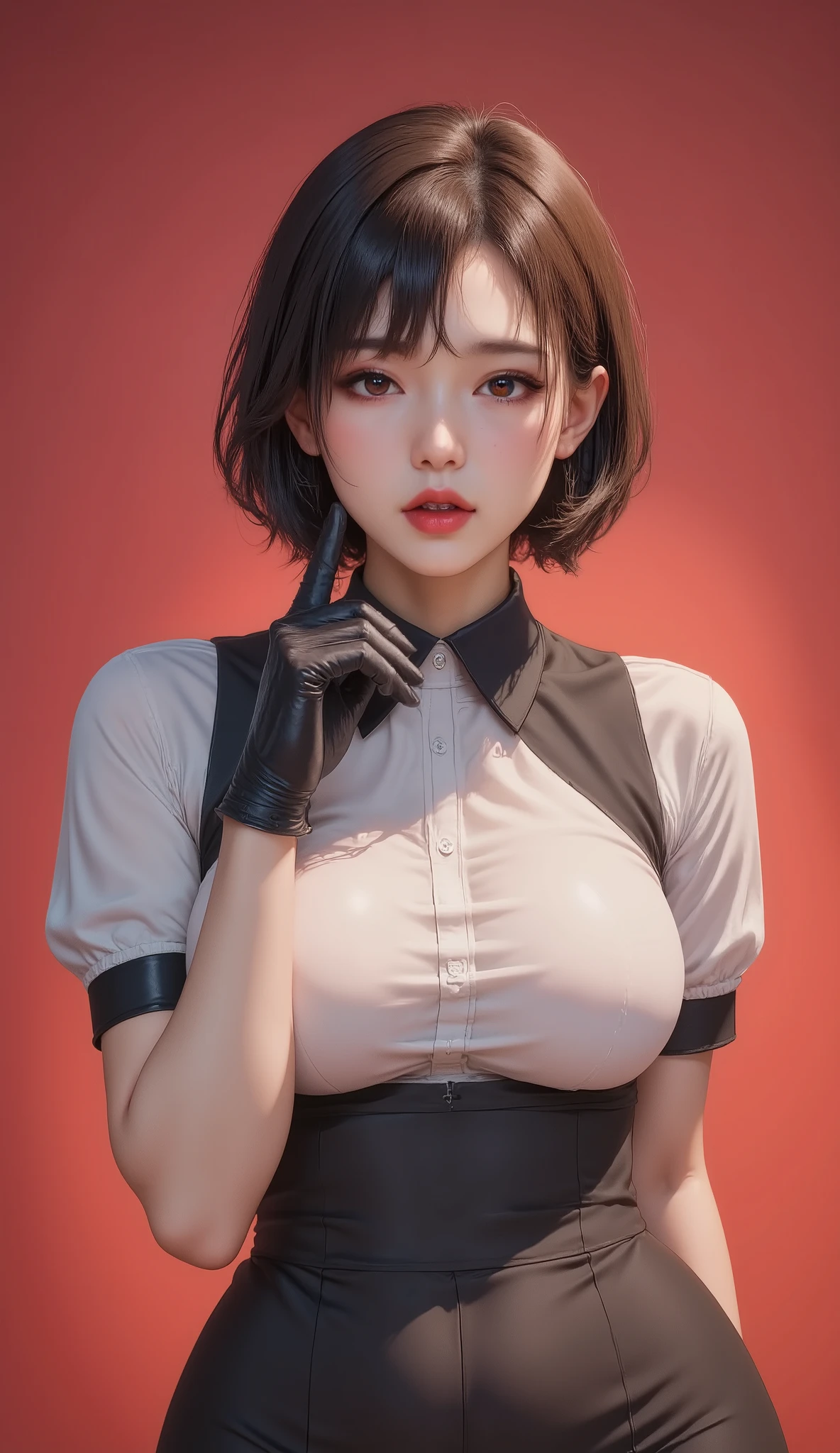 1 Girl, Asymmetry_hair, black_Gloves, black_hair, breast, Double_OK, Gloves, Luminescence, Gradient , Gradient _background, hair_Exceed_one_ eyes, Heterochromia, 正exist查看_exist_Viewer, maid, maid_headdress, medium_breast, red_background, blood_ferry, Short_sleeve, alone, superior_ body