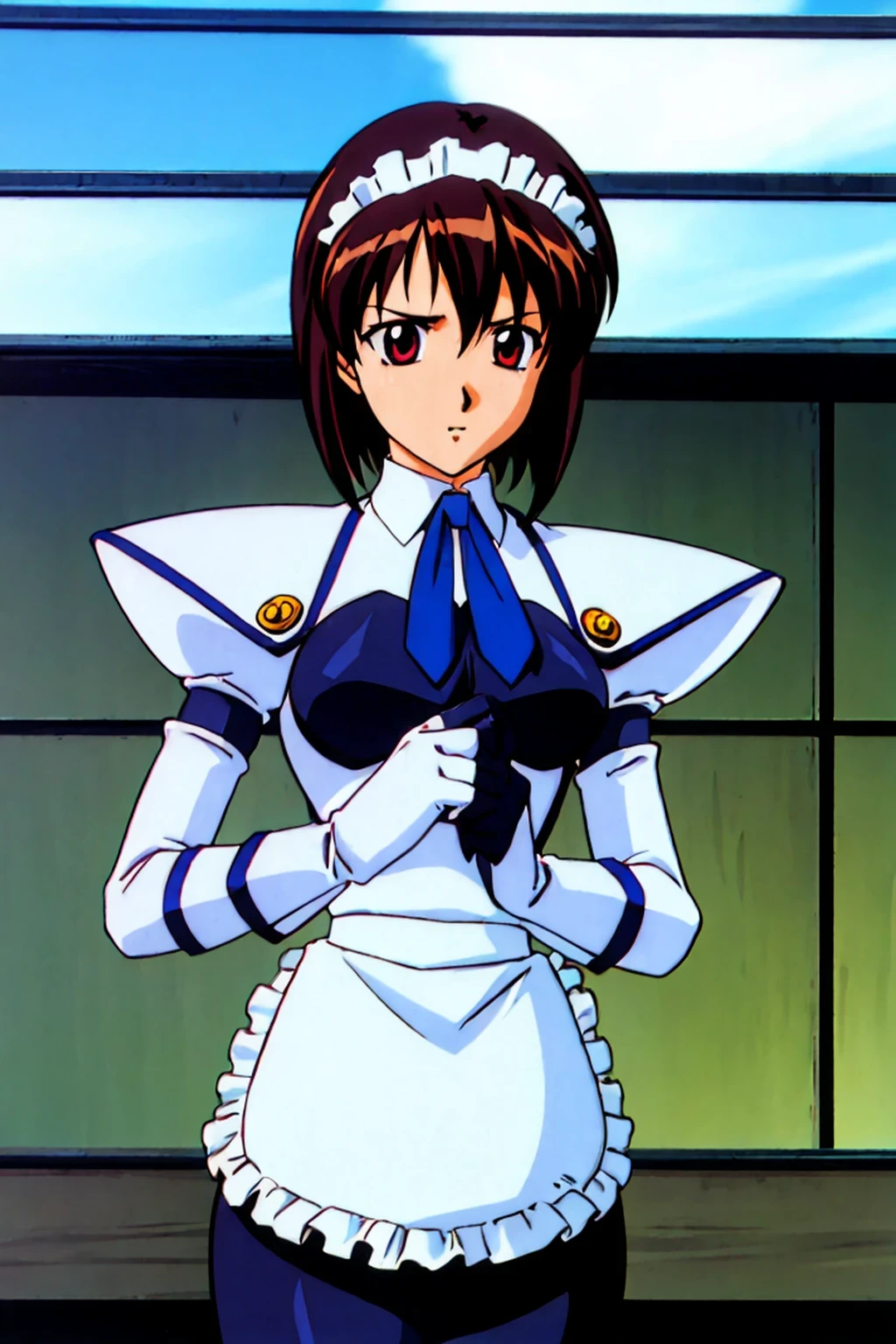 masterpiece,highest quality,Super detailed,32K,High resolution,an extremely delicate and beautiful,Official Art,Perfect Anatomy,(solo:1.5), Contrasting colors,octane rendering,Fully painted,anime coloring,anime screencap,Cel-shaded anime,retro artstyle,1990s \(style\),90s anime,90s anime style, perfect face,ultradeTailed eyes,beautiful,sexy,supermodel,athletic body,shiny skin,Dramatic light,(scale to fit the dimensions:1.2),
koutetu_tenshi_saki,battle_costume,apron,gloves,short hair, maid, maid headdress, bangs, breasts, necktie, waist apron, puffy sleeves,red eyes,, white gloves, dress, long sleeves, elbow gloves, 1990s (style), frills, ascot, blue necktie,white apron,medium breasts,black_pantyhose