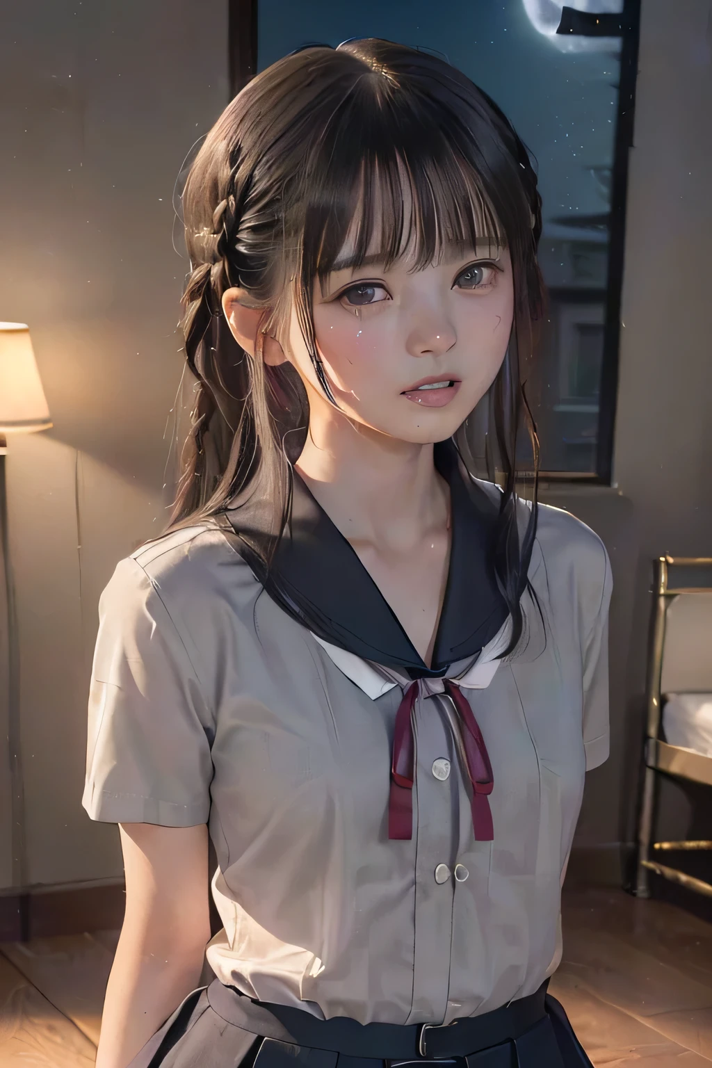 (masterpiece, Best Quality, 8K,Raw photo, High resolution:1.5), (1 girl, upper body, kneeling on the floor, Restrained girl, a girl is crying, arms behind back:1.6), (crying, sobbing, full-face blush, embarrassed, shyness), (dark background, night, indoor, moon light, bedroom, double bed:1.8), (Candid, Sophisticated, Thin arms, Narrow waist, Slim body, Slender girl:1.7), (Bokeh:1.7), (cleavage, small breasts:1.5), Beauty, (taken off shirt, Unbuttoned shirt, naked open shirt, school uniform with red ribbon, short sleeve shirt, Pleated miniskirt, slave metal collar, chained handcuff:1.9), (short two braids hair, black eyes:1.8), (forehead:1.7), japanese
