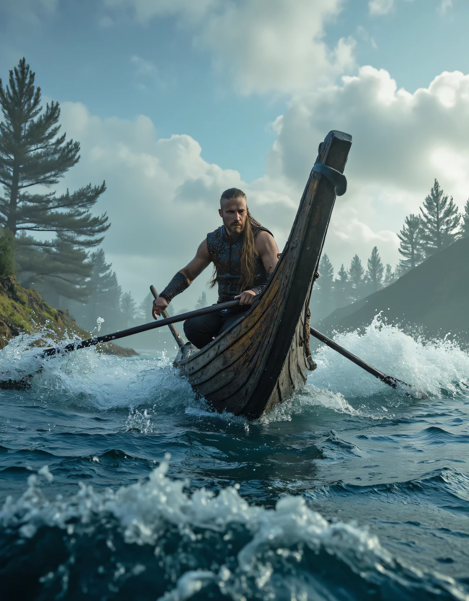 **Prompt:** Create a breathtakingly detailed landscape scene set in medieval Northern Europe, showcasing a Viking fiercely rowing a magnificent long dragon boat through tumultuous river waters. Utilize hyper-realism to depict the intricacies of the wooden boat as it slices through crashing waves, emphasizing the raw power of nature. Capture the moment from a panoramic ultra-wide angle that immerses the viewer in the drama of the stormy environment. Illustrate the Viking clad in an elaborate, historically-accurate tunic, his muscles taut and defined as he navigates the rough waters. Employ dynamic leading lines in the composition that guide the viewer's eye through the vibrant scene, enriched by a rich UHD color palette that creates a striking contrast between the figure of the Viking and the swirling river. Highlight the strength and determination of the sailor, ensuring his anatomy is portrayed with realism and precision. As you zoom out, maintain a depth of field that enhances the visual impact and draws attention to the Viking's heroic endeavor. Integrate cutting-edge 3D CGI textures to breathe life into this depiction, creating a visually stunning FantasyPunkAi artwork that resonates with the essence of deep forest scenery and Viking heritage.
