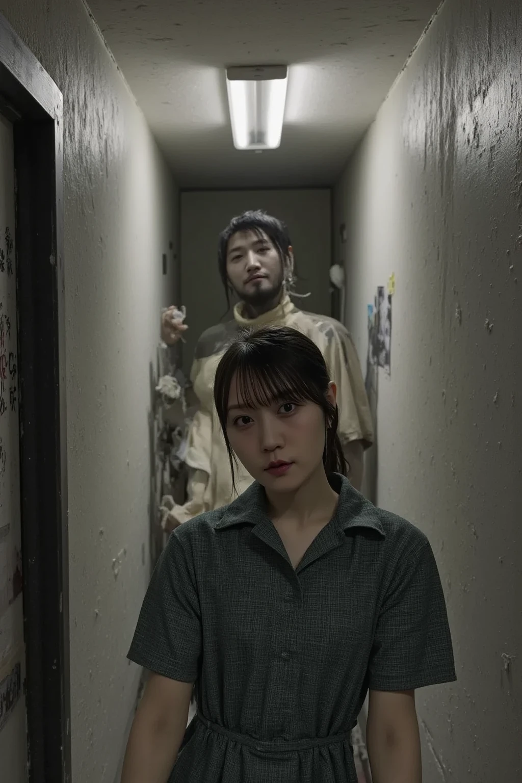 A Korean woman, her face looks terrible, in shabby clothes, all her clothes are soaked in blood, is walking casually on a wooden floor that is stained with blood-red liquid, carrying a samurai who is all covered in blood. Several parts of the human body such as intestines, organs are cut off. and a man's head lies in the background. hallway. The house near the door has a tense and scary atmosphere, the night is dark