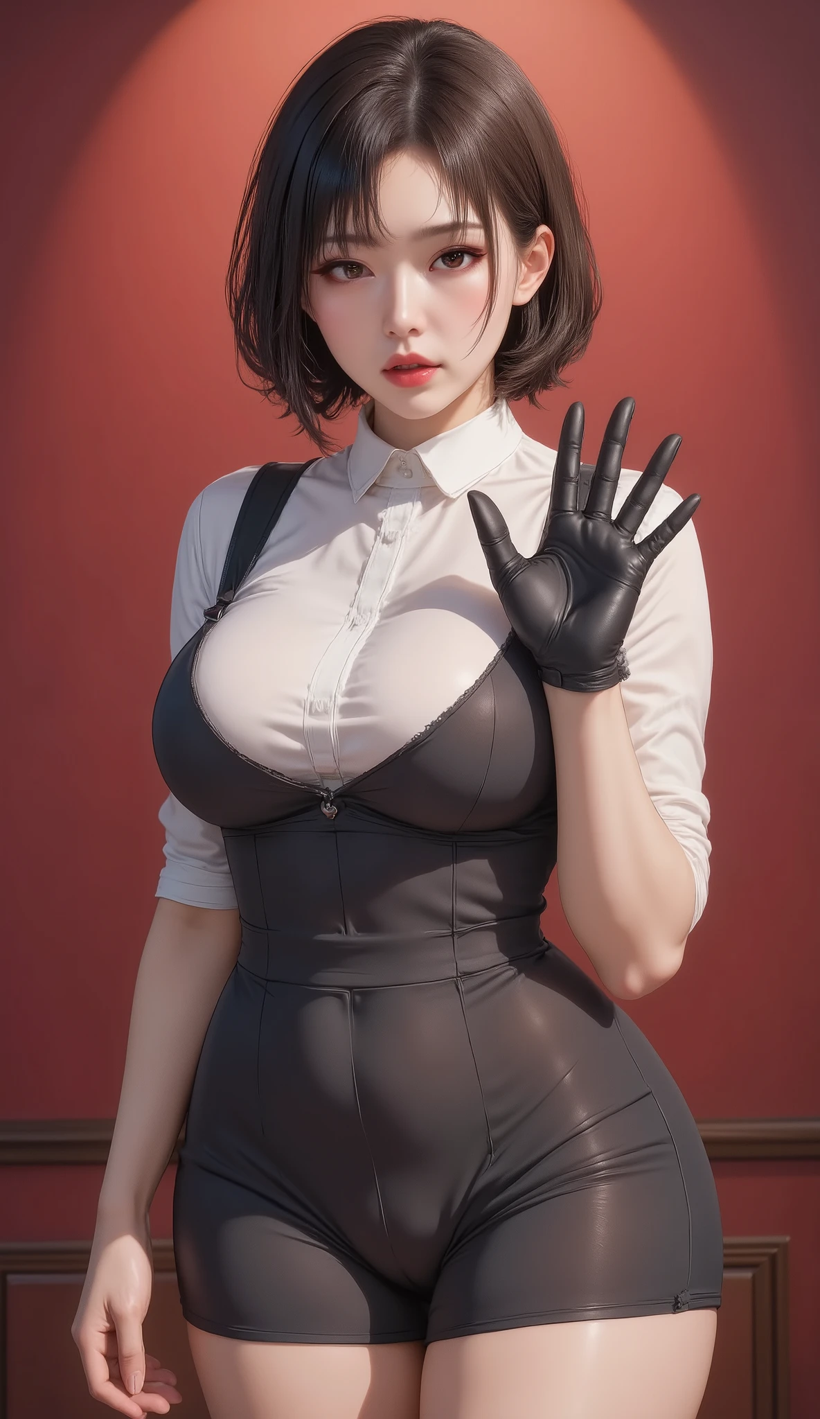 1 Girl, Asymmetry_hair, black_Gloves, black_hair, breast, Double_OK, Gloves, Luminescence, Gradient , Gradient _background, hair_Exceed_one_ eyes, Heterochromia, 正exist查看_exist_Viewer, maid, maid_headdress, medium_breast, red_background, blood_ferry, Short_sleeve, alone, superior_ body