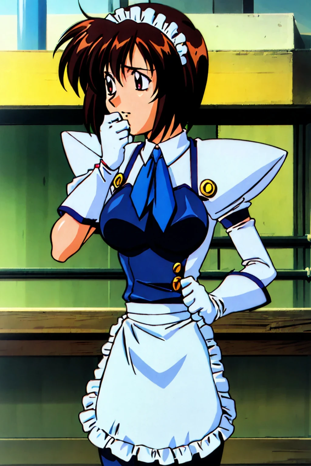 masterpiece,highest quality,Super detailed,32K,High resolution,an extremely delicate and beautiful,Official Art,Perfect Anatomy,(solo:1.5), Contrasting colors,octane rendering,Fully painted,anime coloring,anime screencap,Cel-shaded anime,retro artstyle,1990s \(style\),90s anime,90s anime style, perfect face,ultradeTailed eyes,beautiful,sexy,supermodel,athletic body,shiny skin,Dramatic light,(scale to fit the dimensions:1.2),
koutetu_tenshi_saki,battle_costume,apron,gloves,short hair, maid, maid headdress, bangs, breasts, necktie, waist apron, puffy sleeves,red eyes,, white gloves, dress, long sleeves, elbow gloves, 1990s (style), frills, ascot, blue necktie,white apron,medium breasts,black_pantyhose