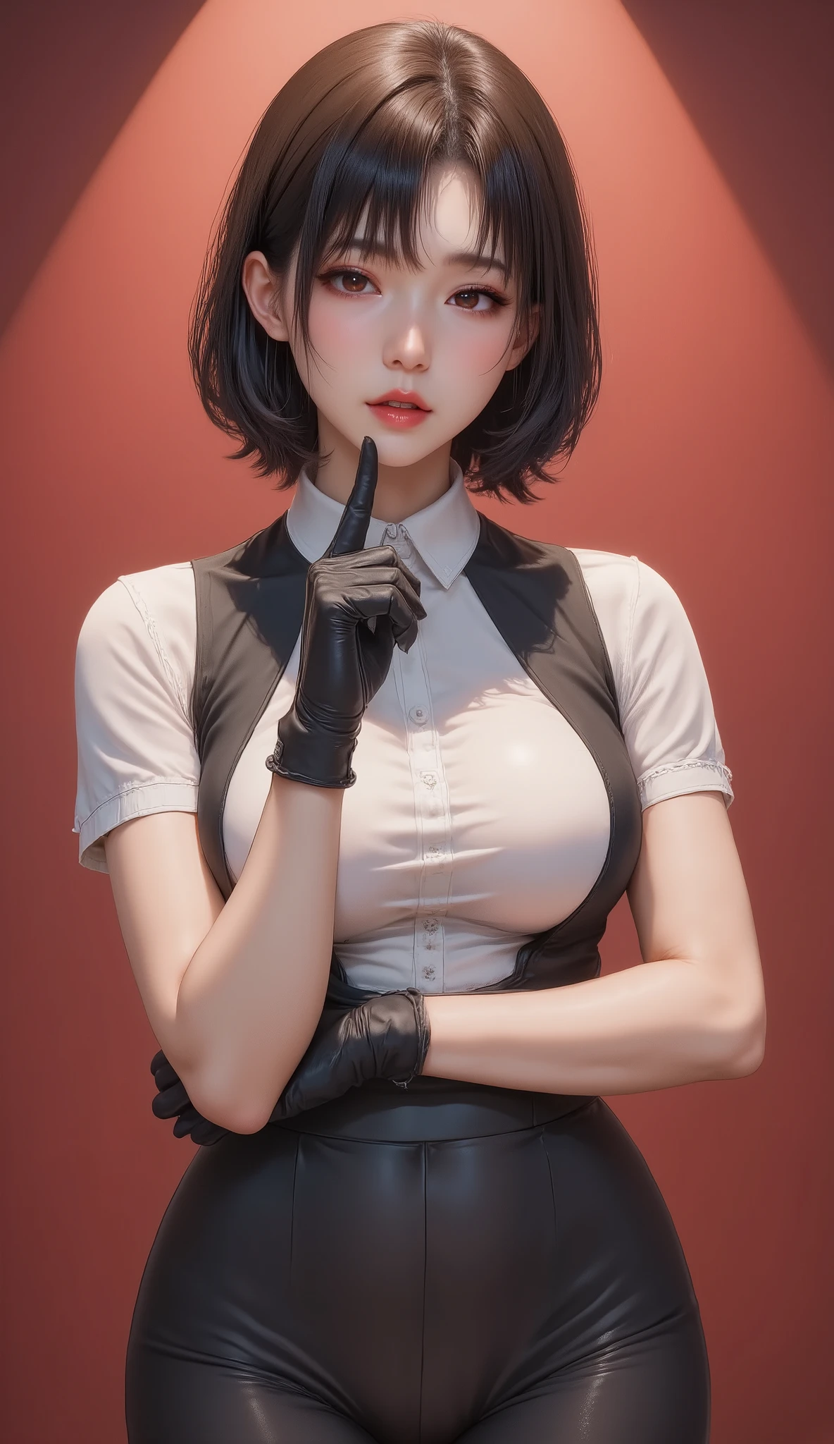 1 Girl, Asymmetry_hair, black_Gloves, black_hair, breast, Double_OK, Gloves, Luminescence, Gradient , Gradient _background, hair_Exceed_one_ eyes, Heterochromia, 正exist查看_exist_Viewer, maid, maid_headdress, medium_breast, red_background, blood_ferry, Short_sleeve, alone, superior_ body