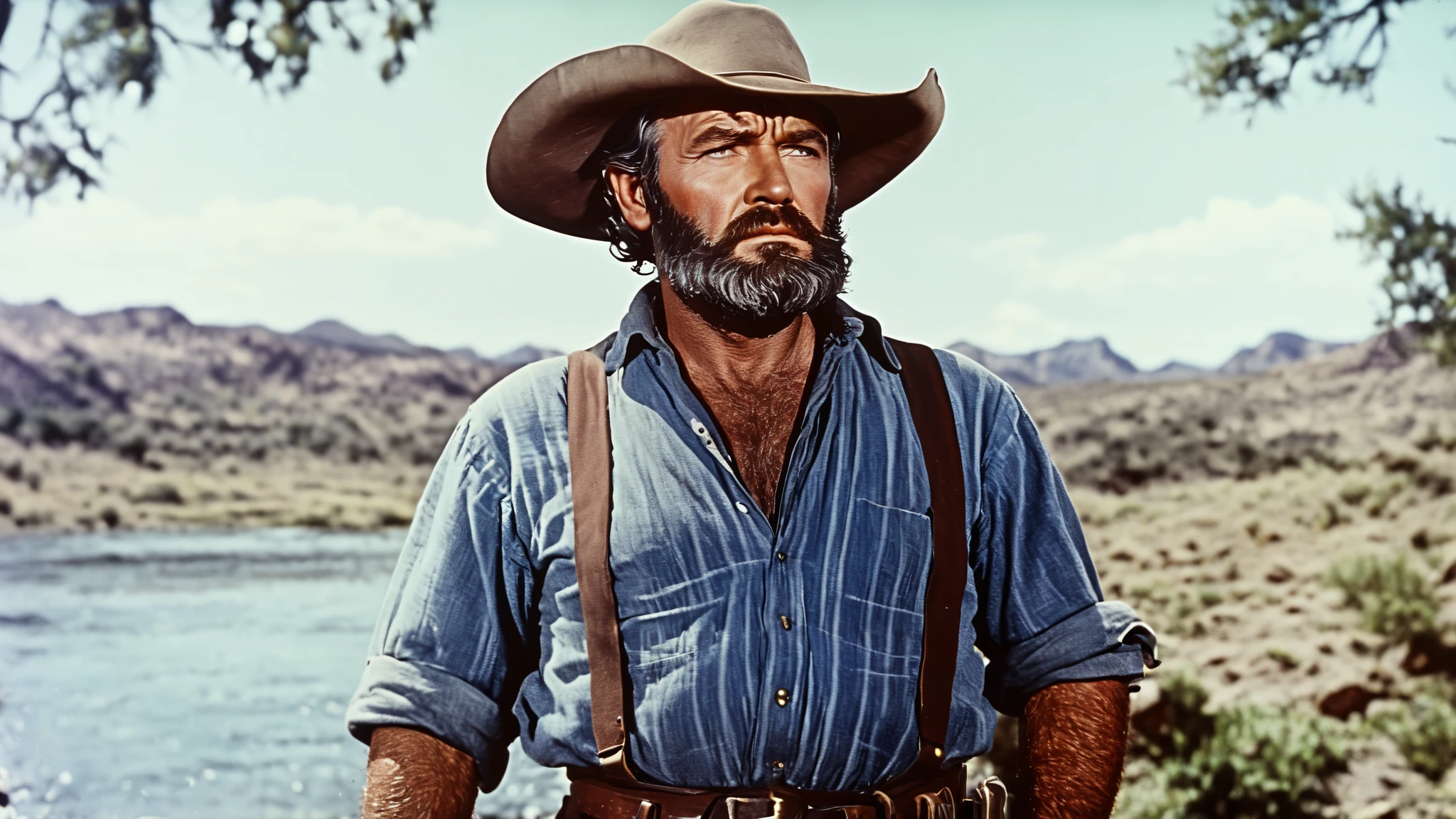 An old rough man with beard, 1950's super panavision 70 movie, 4k detailed, old movie, realism, ultra realistic, retro in color, grainy film, western, bokeh, rich and saturated colors, dramatic lighting