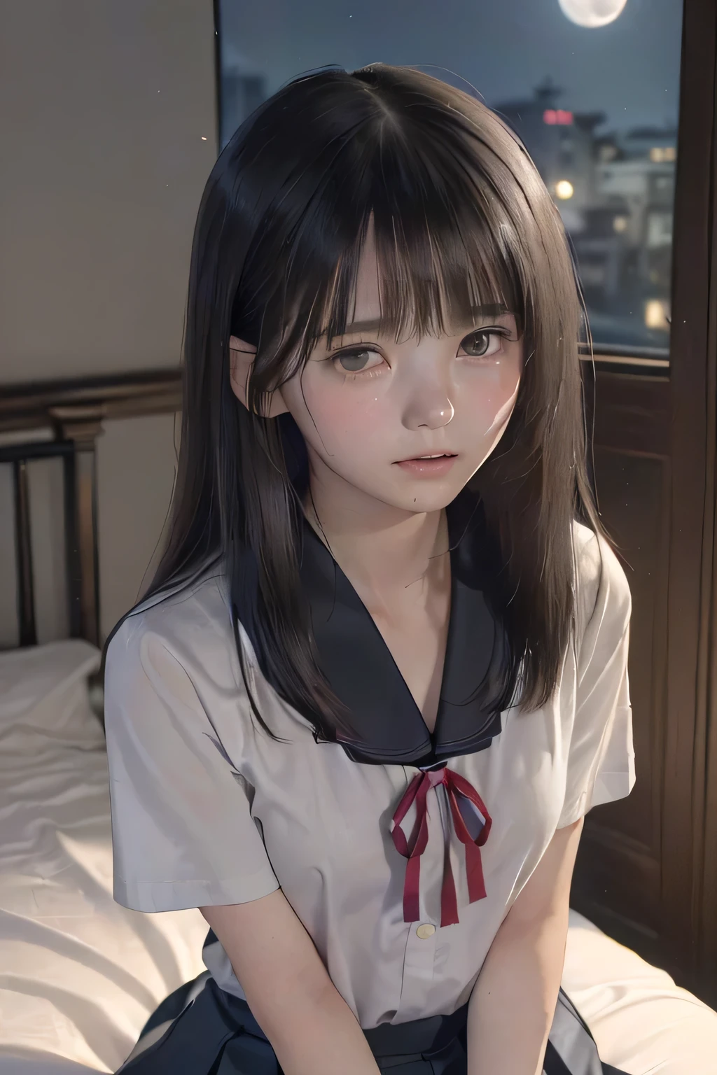 (masterpiece, Best Quality, 8K,Raw photo, High resolution:1.5), (1 girl, upper body, kneeling on the floor, Restrained girl, a girl is crying, arms behind back:1.6), (crying, sobbing, full-face blush, embarrassed, shyness), (dark background, night, indoor, moon light, bedroom, double bed:1.8), (Candid, Sophisticated, Thin arms, Narrow waist, Slim body, Slender girl:1.7), (Bokeh:1.7), (cleavage, small breasts:1.5), Beauty, (taken off shirt, Unbuttoned shirt, naked open shirt, school uniform with red ribbon, short sleeve shirt, Pleated miniskirt, slave metal collar:1.6), (black hair, black eyes:1.8), (forehead:1.7), japanese