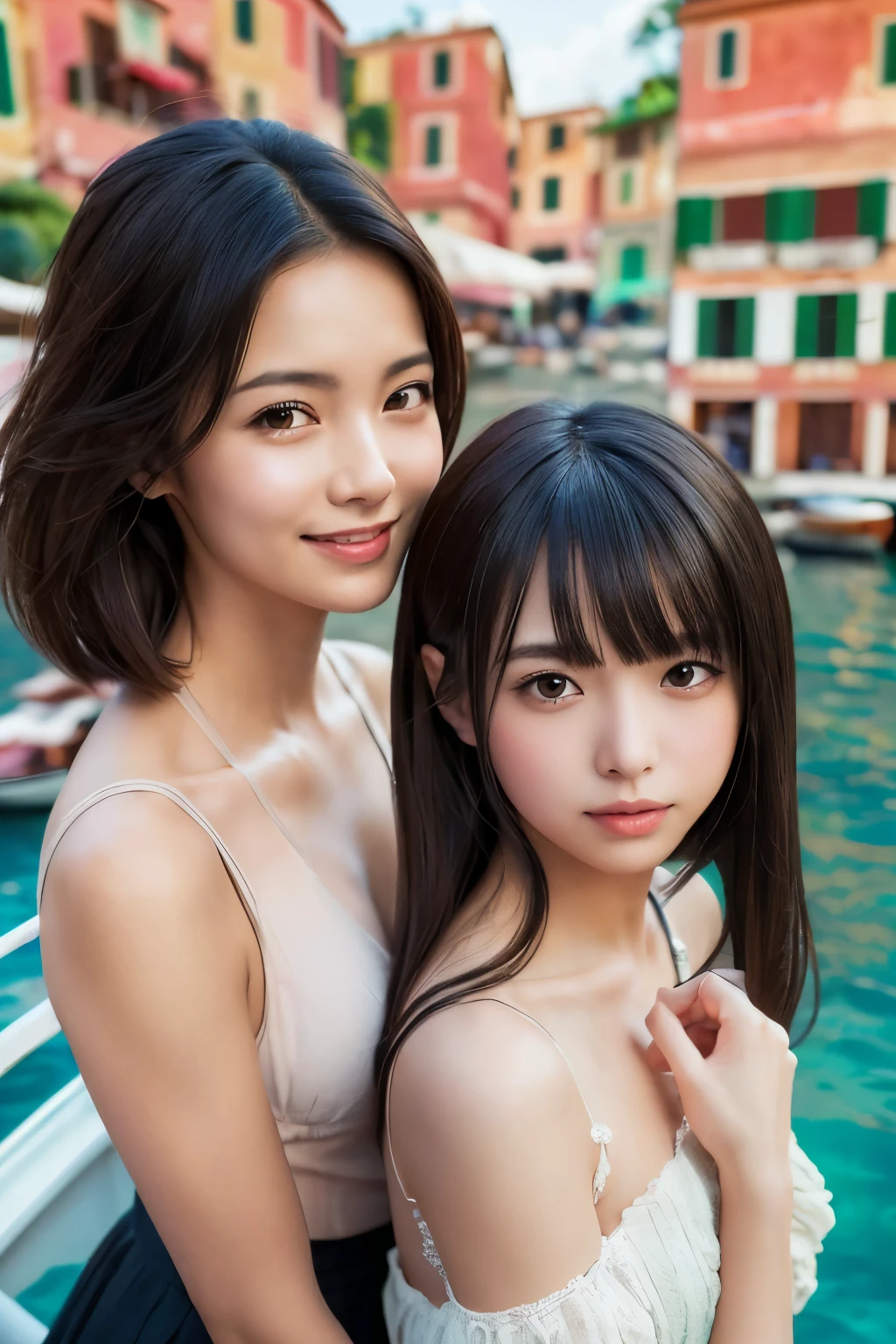 (2girl), enchanting smile, (extremely detailed beautiful face), (highly detailed eyes, highly detailed face), (mid bob hair), (bikini, cleavage), Fresh, very clean appearance, (best Quality:1.4), (hyper-realistic, hight resolution), Professional Photography, beach, palm trees, standing, Outdoors, (beach), beautiful bule sky, Close up portrait of girl, staring at me,