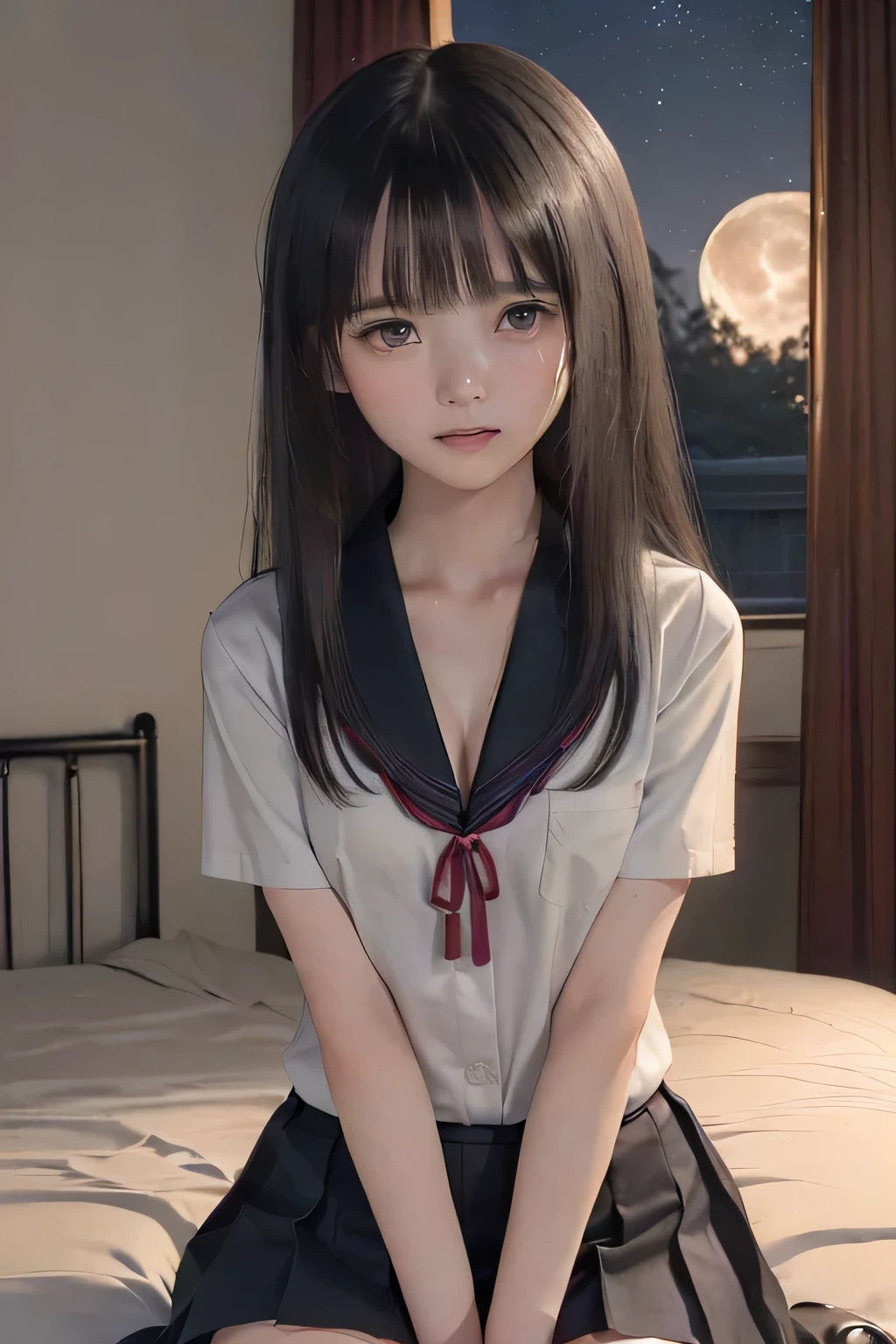 (masterpiece, Best Quality, 8K,Raw photo, High resolution:1.5), (1 girl, upper body, kneeling on the floor, Restrained girl, a girl is crying, arms behind back:1.6), (crying, sobbing, full-face blush, embarrassed, shyness), (dark background, night, indoor, moon light, bedroom, double bed:1.8), (Candid, Sophisticated, Thin arms, Narrow waist, Slim body, Slender girl:1.7), (Bokeh:1.7), (cleavage, small breasts:1.5), Beauty, (taken off shirt, Unbuttoned shirt, naked open shirt, school uniform with red ribbon, short sleeve shirt, Pleated miniskirt, slave metal collar:1.6), (black hair, black eyes:1.8), (forehead:1.7), japanese