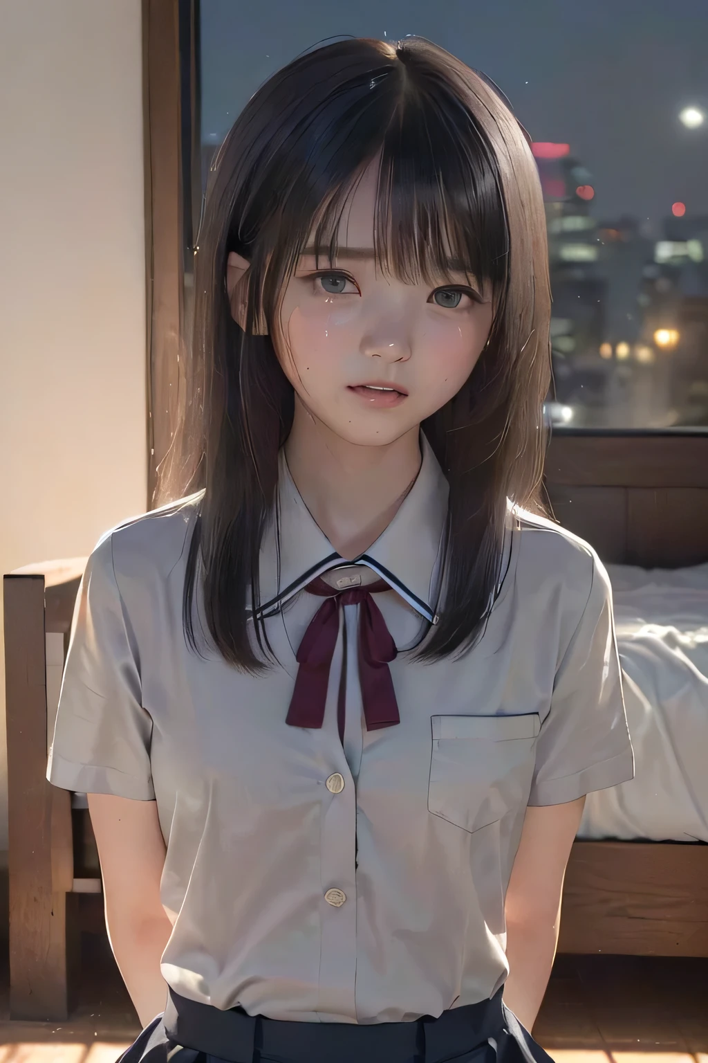 (masterpiece, Best Quality, 8K,Raw photo, High resolution:1.5), (1 girl, upper body, kneeling on the floor, Restrained girl, a girl is crying, arms behind back:1.6), (crying, sobbing, full-face blush, embarrassed, shyness), (dark background, night, indoor, moon light, bedroom, double bed:1.8), (Candid, Sophisticated, Thin arms, Narrow waist, Slim body, Slender girl:1.7), (Bokeh:1.7), (cleavage, small breasts:1.5), Beauty, (taken off shirt, Unbuttoned shirt, naked open shirt, school uniform with red ribbon, short sleeve shirt, Pleated miniskirt, slave metal collar:1.6), (black hair, black eyes:1.8), (forehead:1.7), japanese