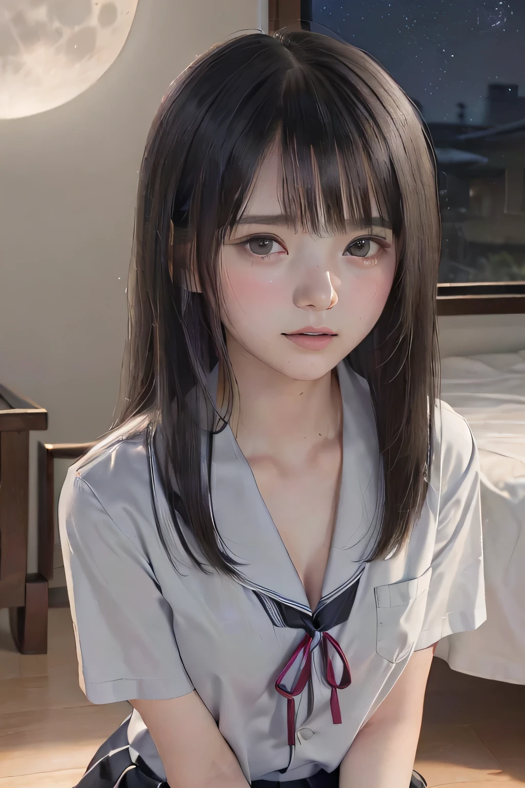 (masterpiece, Best Quality, 8K,Raw photo, High resolution:1.5), (1 girl, upper body, kneeling on the floor, Restrained girl, a girl is crying, arms behind back:1.6), (crying, sobbing, full-face blush, embarrassed, shyness), (dark background, night, indoor, moon light, bedroom, double bed:1.8), (Candid, Sophisticated, Thin arms, Narrow waist, Slim body, Slender girl:1.7), (Bokeh:1.7), (cleavage, small breasts:1.5), Beauty, (taken off shirt, Unbuttoned shirt, naked open shirt, school uniform with red ribbon, short sleeve shirt, Pleated miniskirt:1.6), (black hair, black eyes:1.8), (forehead:1.7), japanese