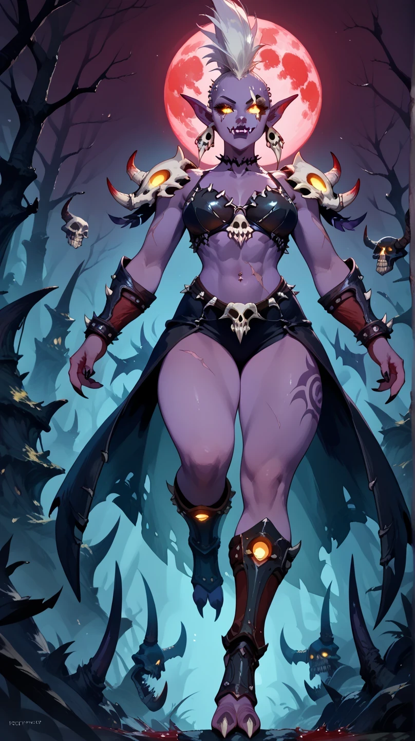 Trolls
large pointed ears, large nose, fangs
tusks, sexy beautiful female troll, toned body,, curvy, dark purple skin, white hair, (big high mohawk hairstyle:1.2), tribal tattos, sexy, ((very dark purple skin:1.1)) (dark purple skin:1.1) big tusks, raised eyebrow, fierce, powerful, menancing, grim, yellow glowing eyes, dark, evil, macabre, , . highly detailed face, dynamic posing, from below, battle ready, ((in a dark swamp)) covered in blood, full of scars, scars over eye, red_tribal tattoos, shredded abs, revealing armor, sexy, , focus on face, ((soft light, hard highlight, red moon, backlight)) ((Wearing skulls, bones and ribcage, :1.2)) ((wearing a Very heavy armor with skulls. Deathknight armor:1.4) (belly dance arabic mouth veil:1.4) ((full body view)) 3_digits, 2 toes