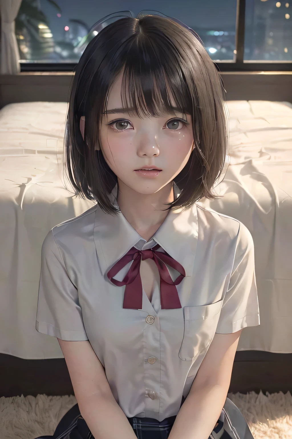 (masterpiece, Best Quality, 8K,Raw photo, High resolution:1.5), (1 girl, upper body, kneeling on the floor, Restrained girl, a girl is crying, arms behind back:1.6), (crying, sobbing, full-face blush, embarrassed, shyness), (dark background, night, indoor, moon light, bedroom, double bed:1.8), (Candid, Sophisticated, Thin arms, Narrow waist, Slim body, Slender girl:1.7), (Bokeh:1.7), (cleavage, small breasts:1.5), Beauty, (taken off shirt, Unbuttoned shirt, naked open shirt, school uniform with red ribbon, short sleeve shirt, Pleated miniskirt:1.6), (short black hair, black eyes:1.8), (forehead:1.7), japanese