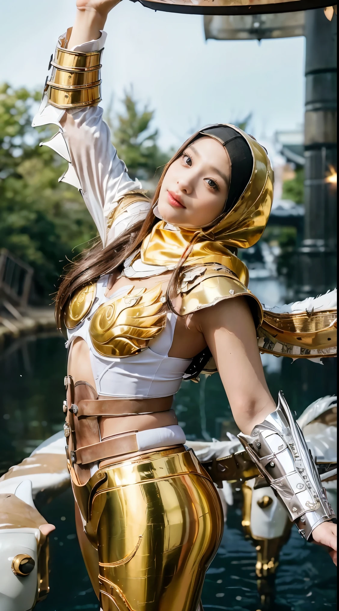 (1 Japan cutes teen with idol style), ((Top Quality, masterpiece: 1.3)), focusing: 1.2, Perfect body care: 1.4 , (Wearing Hijab:1.2), ((Highly detailed face and skin texture)), Extremely realistic, Ultra detailed, HD, Portrait, 8K, Dressed in white and gold with spread wide big wings, (holding single flaming gold iron swords:1.2), (wearing hijab:1.5), (full iron golden armor:1.5), ornate cosplay, as a mystical valkyrie, the sailor galaxia, beautiful, white and gold priestess robes, anime cosplay, glamourous cosplay, with fiery golden wings, ((full iron trousers armor)), cosplay, professional cosplay, goddess of light, full body angel, cosplayer, perfect makeup, perfect face, beautiful face, beautiful body, arms covered with cloth, thighs covered with cloth, waterfall background, ((body object floating flying in the air:1.2)), foggy, fantasy weather, lightning strikes on either side, dramatic sttudio lighting, The atmosphere looks real, Full body shot, Front angle, ultra realistic, Professional、beautiful detail glow、Depth of bounds written、(((High chroma)))、(((real:1.9)))、((vivid:1.4))、((beautiful skin))、((skin texture))、((Real skin feel))、(((cowboy shot:1.5)))、((Angle seen from the front:1.5)), Front angle shot,