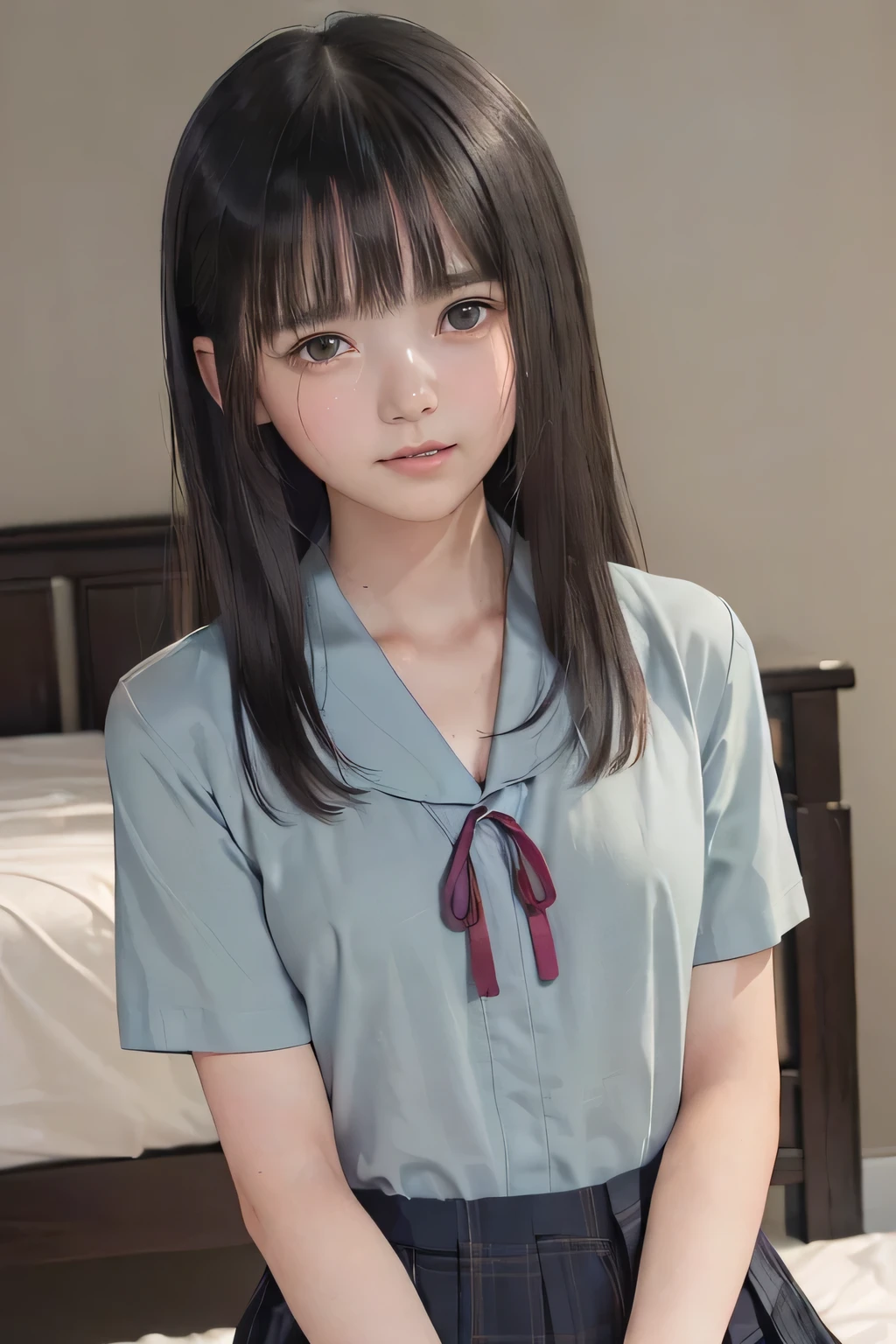 (masterpiece, Best Quality, 8K,Raw photo, High resolution:1.5), (1 girl, upper body, kneeling on the floor, Restrained girl, a girl is crying, arms behind back:1.6), (crying, sobbing, full-face blush, embarrassed, shyness), (dark background, night, indoor, moon light, bedroom, double bed:1.8), (Candid, Sophisticated, Thin arms, Narrow waist, Slim body, Slender girl:1.7), (Bokeh:1.7), (cleavage, small breasts:1.5), Beauty, (taken off shirt, Unbuttoned shirt, naked open shirt, school uniform with red ribbon, short sleeve shirt, Pleated miniskirt:1.6), (short black hair, black eyes:1.8), (forehead:1.7), japanese