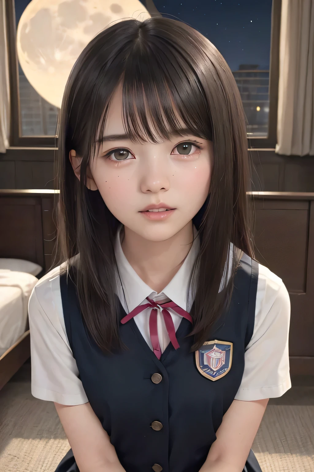 (masterpiece, Best Quality, 8K,Raw photo, High resolution:1.5), (1 girl, upper body, kneeling on the floor, Restrained girl, a girl is crying, arms behind back:1.6), (crying, sobbing, tearing, tearful, full-face blush, embarrassed, shyness), (dark background, night, indoor, moon light, bedroom, double bed:1.8), (Candid, Sophisticated, Thin arms, Narrow waist, Slim body, Slender girl:1.7), (Bokeh:1.7), (cleavage, small breasts:1.5), Beauty, (taken off shirt, Unbuttoned shirt, naked open shirt, vest, school uniform vest with red ribbon, short sleeve shirt, Pleated miniskirt, slave metal collar, chained handcuff:1.9), (short two braids hair, black eyes:1.8), (forehead:1.2), japanese