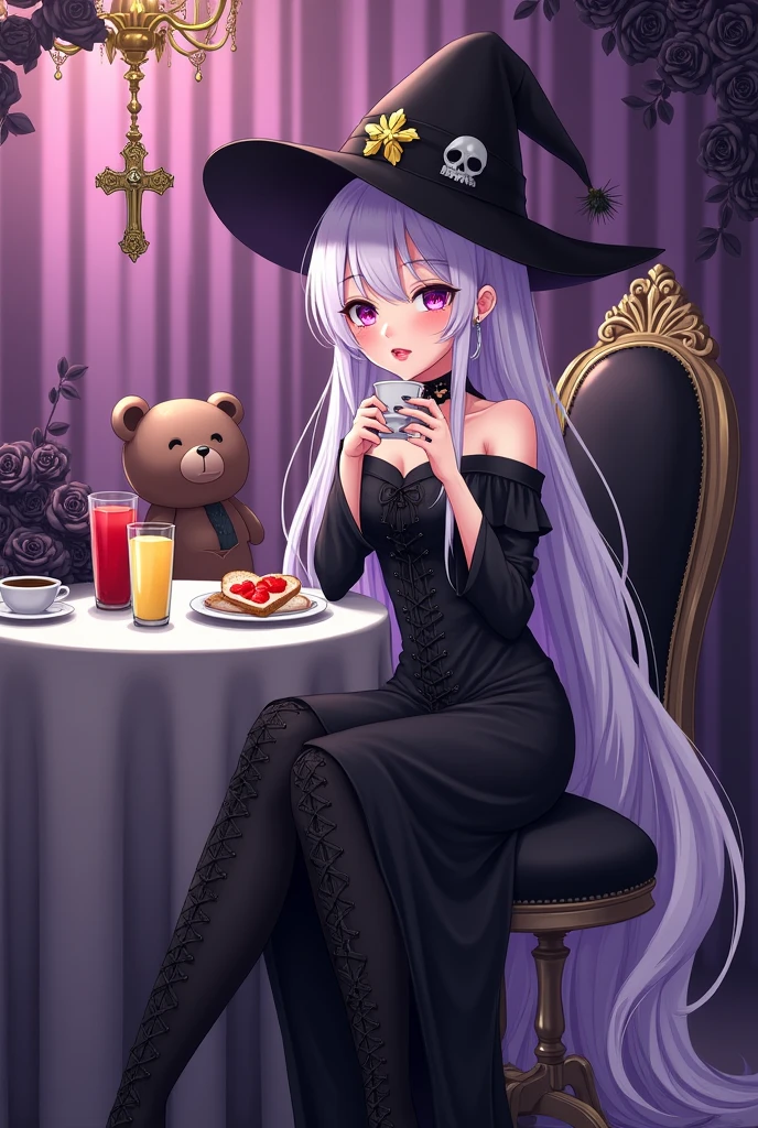 Vampire witch anime girl with pirate hat.  long black dress . Black lace-up high-heeled boots. very long white and purple hair. pink lips. black and long fingernails. Faint face , Sad look and taciturn face. Black roses, calaveras, Purple curtain.  Giant Cross Amulet. ring. The anime girl is having breakfast, sitting on an elegant table and is drinking coffee with her teddy bear. The girl is cute. Toast with heart jelly and juice. 

