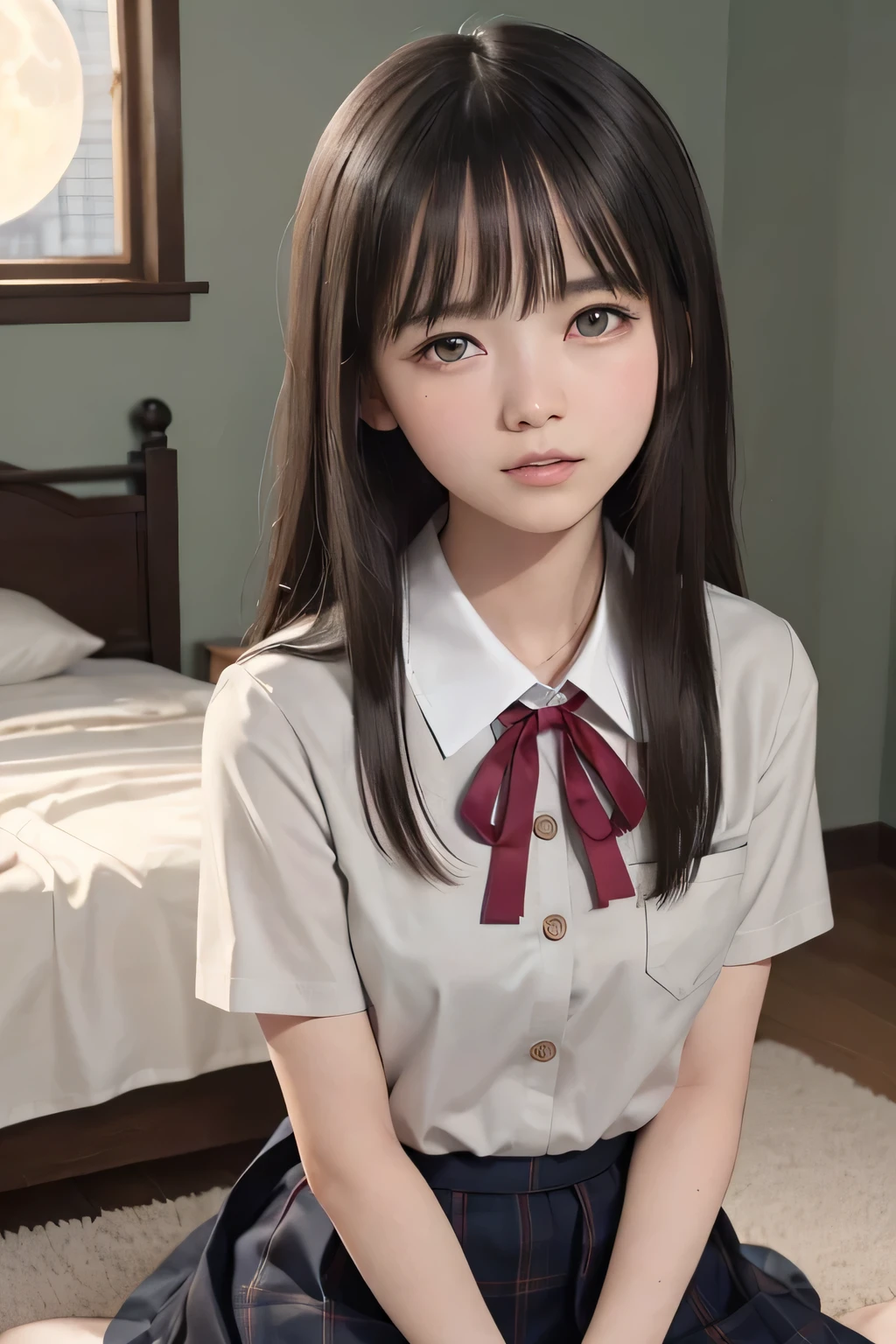 (masterpiece, Best Quality, 8K,Raw photo, High resolution:1.5), (1 girl, upper body, kneeling on the floor, Restrained girl, a girl is crying, arms behind back:1.6), (crying, sobbing, tearing, tearful, full-face blush, embarrassed, shyness), (dark background, night, indoor, moon light, bedroom, double bed:1.8), (Candid, Sophisticated, Thin arms, Narrow waist, Slim body, Slender girl:1.7), (Bokeh:1.7), (cleavage, small breasts:1.5), Beauty, (taken off shirt, Unbuttoned shirt, naked open shirt, vest, school uniform vest with red ribbon, short sleeve shirt, Pleated miniskirt, slave metal collar, chained handcuff:1.9), (short two braids hair, black eyes:1.8), (forehead:1.2), japanese