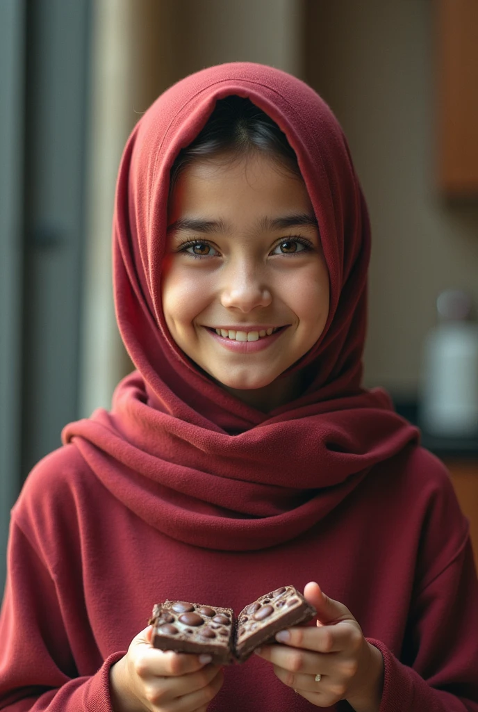 Hijabi girl 2 at home looks real uzbek girl and posing 2 fingers and smiling taking photos from far away not showing hair looks little bit ugly uzbek girl 2