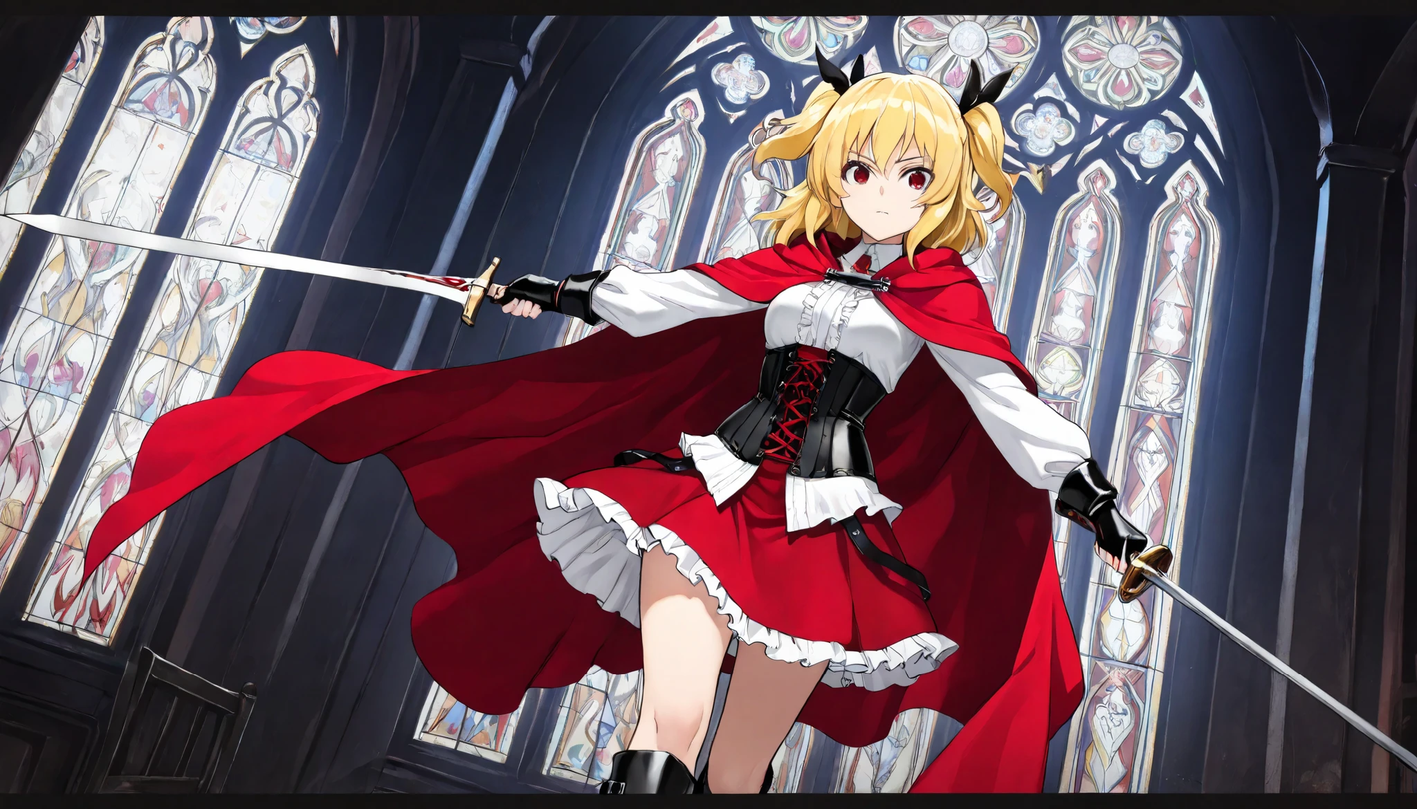 (best quality, highest quality:1.2), masterpiece, top quality, ultra high definition, rich contrasts, HD,8k, High Definition CG Unit Wallpaper, texture , Unbelievably Absurd, ultra high definition, RAW photos ,Deep border:1.2, very detailed, action of a soldier wielding,
1girl, solo, cowboy shot, white shirts, red long cape cloak, red corset, frills red skirt, black fingerless gloves, knee boots,
blonde, two side up, red eye, holding a sword,
Anime Girls, dutch angle, Gloomy painting style, dark church, stained glass,