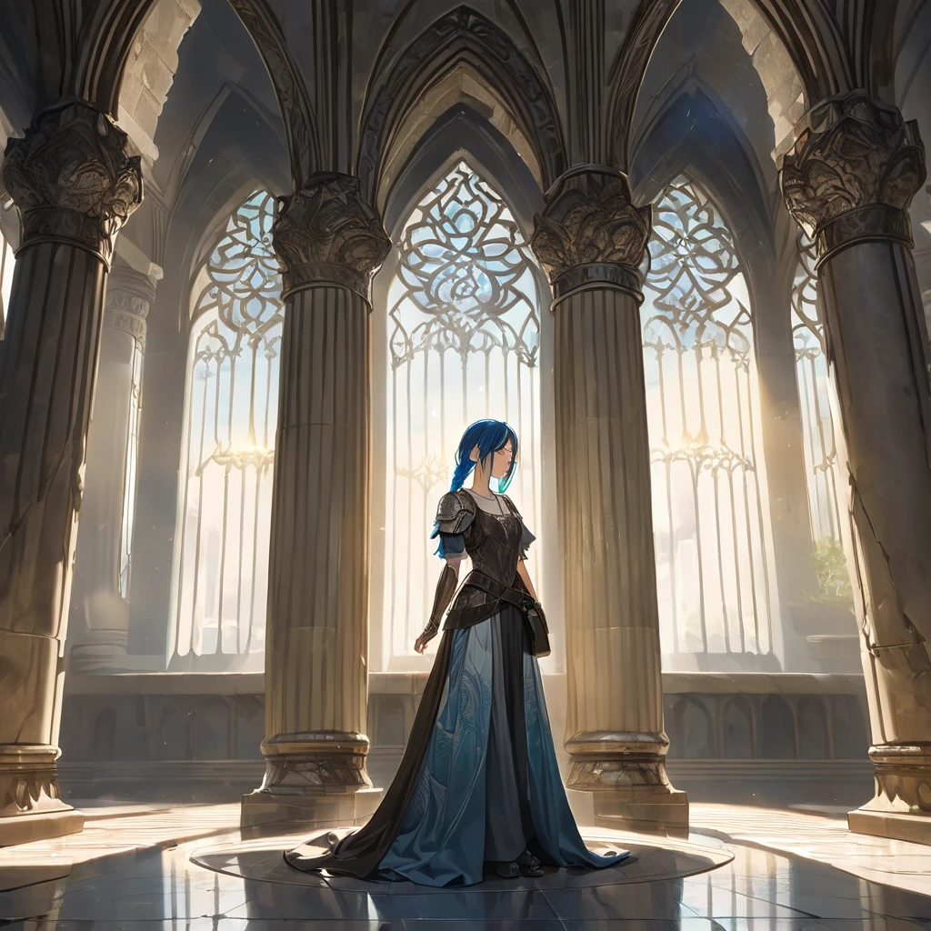 fantasy world, dnd art female, dwarf, (Masterpiece 1.5, intense details), red haired, green eyes, slightly pointred ears, braided hair,(Masterpiece, intense details),cleric, templar, casting a spell (Masterpiece, intense details dnd art) ,wearing white heavy armor with sigils (Masterpiece, intense details). Carrying a flaming axe (Masterpiece 1.5, intense details),Wearing a blue cloak with sigils (Masterpiece 1.4, intense details), holy symbol, radiant yellow light,(Masterpiece, intense details) standing near fantasy setting temple at dawn, sun, backligt, (Masterpiece, intense details) glowing light, ray tracing, reflection light, silhouette, wide shot, panorama, Ultra-Wide Angle, award winning, best quality, HD, 4K, high details