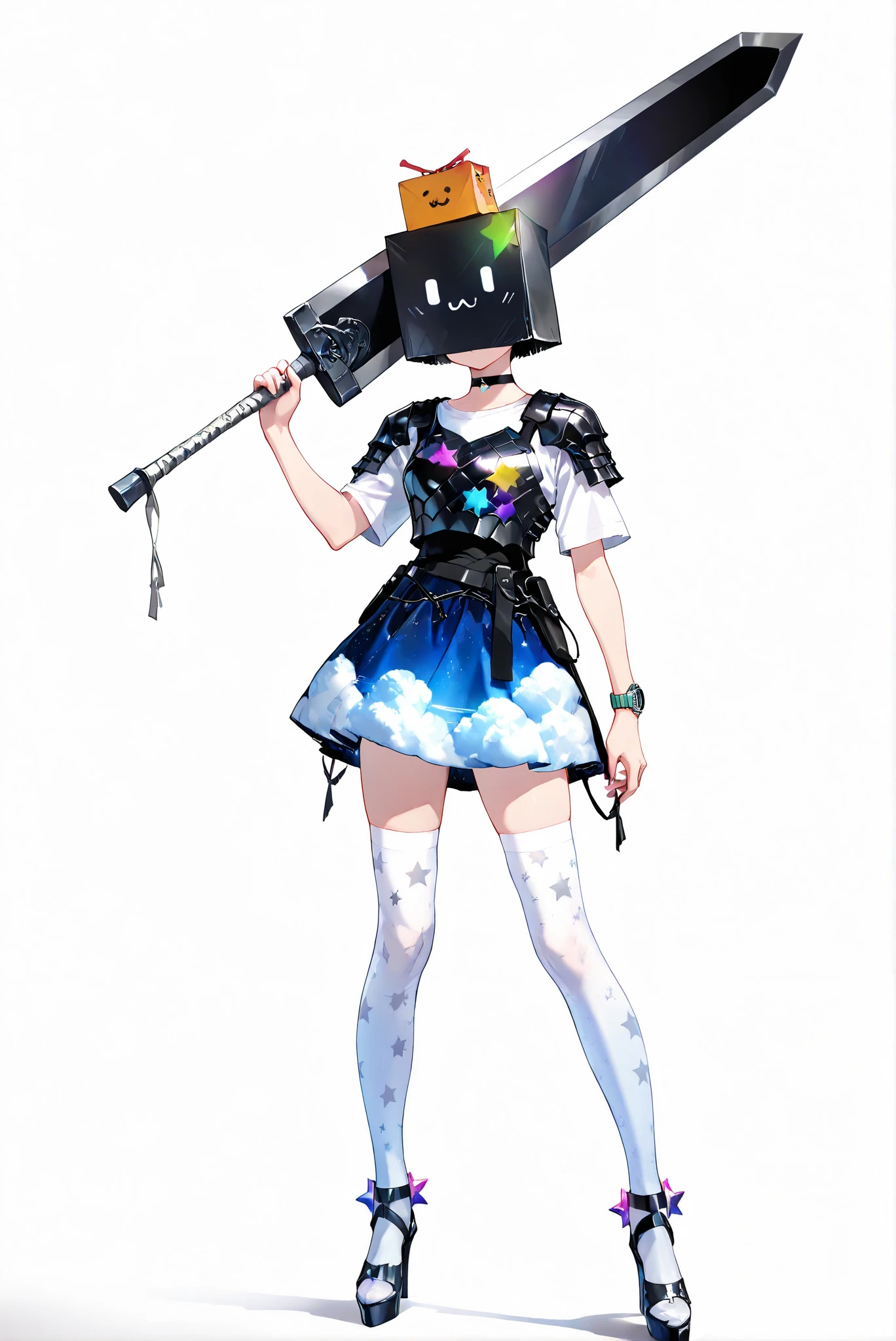 ( white background, stands,whole body, high heels, front view,手持紫色發光寶sword和盾牌,sword與盾,Standing picture:1.7),HoleHeels,oval/Circle/Thorn/Horn Heels,,limited color palette,Colorful, vivid colors ,black light ,watch, Masterpiece, very beautiful , courage_armor, 黑色armor, whole bodyarmor, 龍殺手之sword-II.v1.0, Holding - Dragon Slayer, Giant Weapon, sword, holding sword, holding a weapon ,,nimu, shirt, dress, shirt under dress, white shirt, choker, purple star (symbol), sky print, cloud print, star print, white thighhighs, box on head, box,