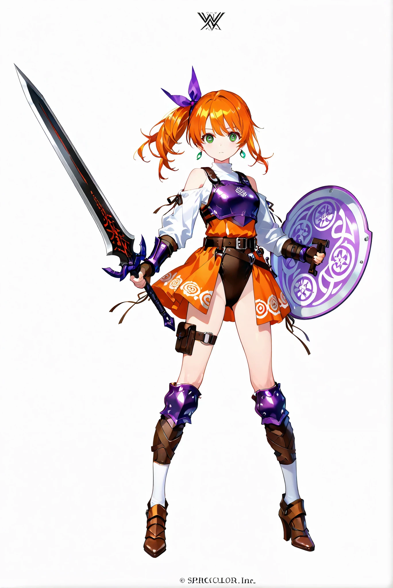 （ white background， stands，whole body， high heels， front view，手持紫色發光寶sword和盾牌,sword與盾,Standing picture:1.7)，HoleHeels，oval/Circle/Thorn/Horn Heels，,limited color palette,Colorful, vivid colors ,black light ,watch,  Masterpiece,  very beautiful ,, of_HARP, cosplay, chest armor, clothing cutout, belt, bracers, leg armor, brown footwear, highleg leotard, armor, bare shoulders, fingerless gloves, bracers,jewelry, earrings,, ((Very Large Round Shield)), ((Spiral pattern shield)), Spiral shield \(Swirling bar\), Large shield covering the body, ((Hidden behind the shield)), Defense shield, Spinning circle, Purple shield @_@, ((White spiral)), Surrounding eyes, , 龍殺手之sword-II.v1.0, Holding - Dragon Slayer, Giant Weapon, sword, holding sword, 1girl ,orange hair,green eyes,long hair,bow,side ponytail,bangs,hair bow,dress,shirt,long sleeves,ribbon,white shirt,hair,ribbon,orange dress,ponytail,socks,white socks,
