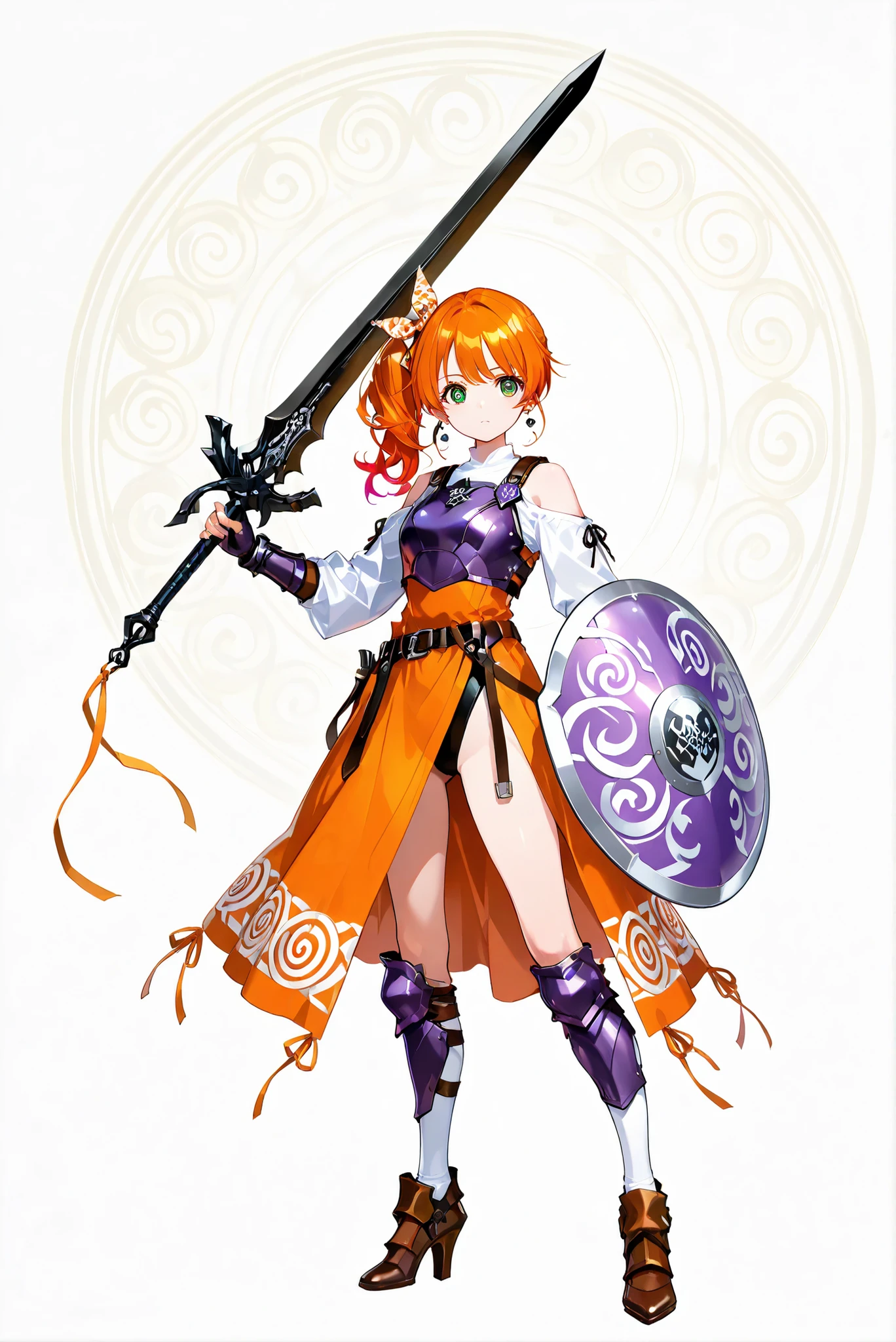 （ white background， stands，whole body， high heels， front view，手持紫色發光寶sword和盾牌,sword與盾,Standing picture:1.7)，HoleHeels，oval/Circle/Thorn/Horn Heels，,limited color palette,Colorful, vivid colors ,black light ,watch,  Masterpiece,  very beautiful ,, of_HARP, cosplay, chest armor, clothing cutout, belt, bracers, leg armor, brown footwear, highleg leotard, armor, bare shoulders, fingerless gloves, bracers,jewelry, earrings,, ((Very Large Round Shield)), ((Spiral pattern shield)), Spiral shield \(Swirling bar\), Large shield covering the body, ((Hidden behind the shield)), Defense shield, Spinning circle, Purple shield @_@, ((White spiral)), Surrounding eyes, , 龍殺手之sword-II.v1.0, Holding - Dragon Slayer, Giant Weapon, sword, holding sword, 1girl ,orange hair,green eyes,long hair,bow,side ponytail,bangs,hair bow,dress,shirt,long sleeves,ribbon,white shirt,hair,ribbon,orange dress,ponytail,socks,white socks,
