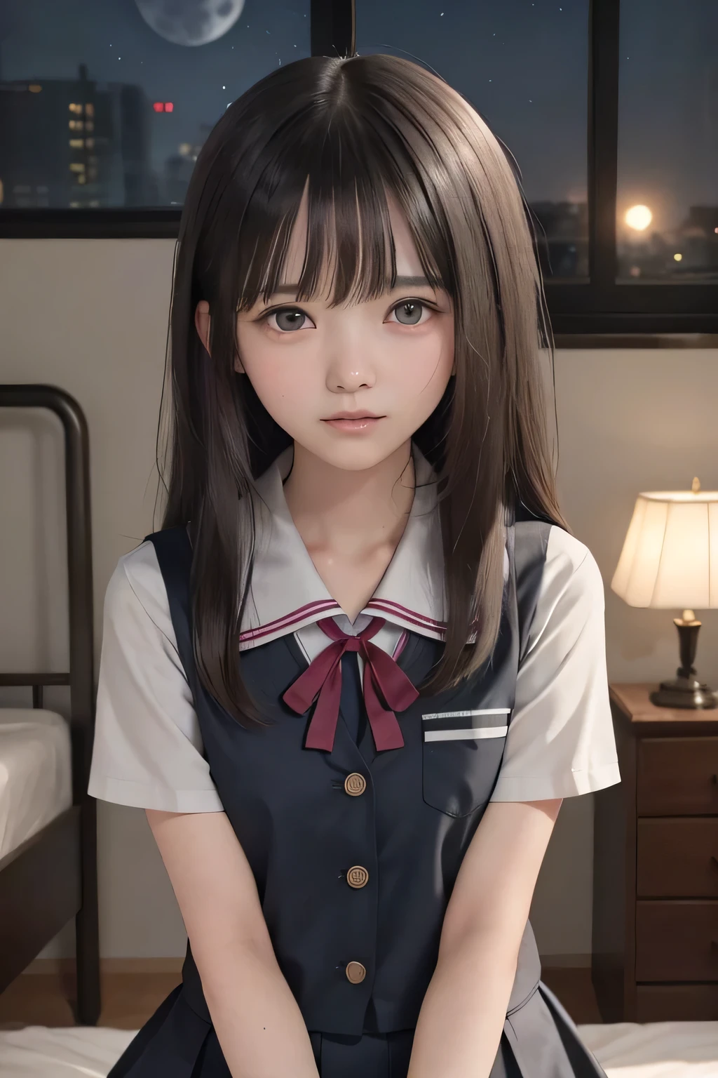 (masterpiece, Best Quality, 8K,Raw photo, High resolution:1.5), (1 girl, upper body, kneeling on the floor, Restrained girl, a girl is crying, arms behind back:1.6), (crying, sobbing, tearing, tearful, full-face blush, embarrassed, shyness), (dark background, night, indoor, moon light, bedroom, double bed:1.8), (Candid, Sophisticated, Thin arms, Narrow waist, Slim body, Slender girl:1.7), (Bokeh:1.7), (cleavage, small breasts:1.5), Beauty, (taken off shirt, Unbuttoned shirt, naked open shirt, vest, school uniform vest with red ribbon, short sleeve shirt, Pleated miniskirt, slave metal collar, chained handcuff:1.9), (short two braids hair, black eyes:1.8), (forehead:1.2), japanese