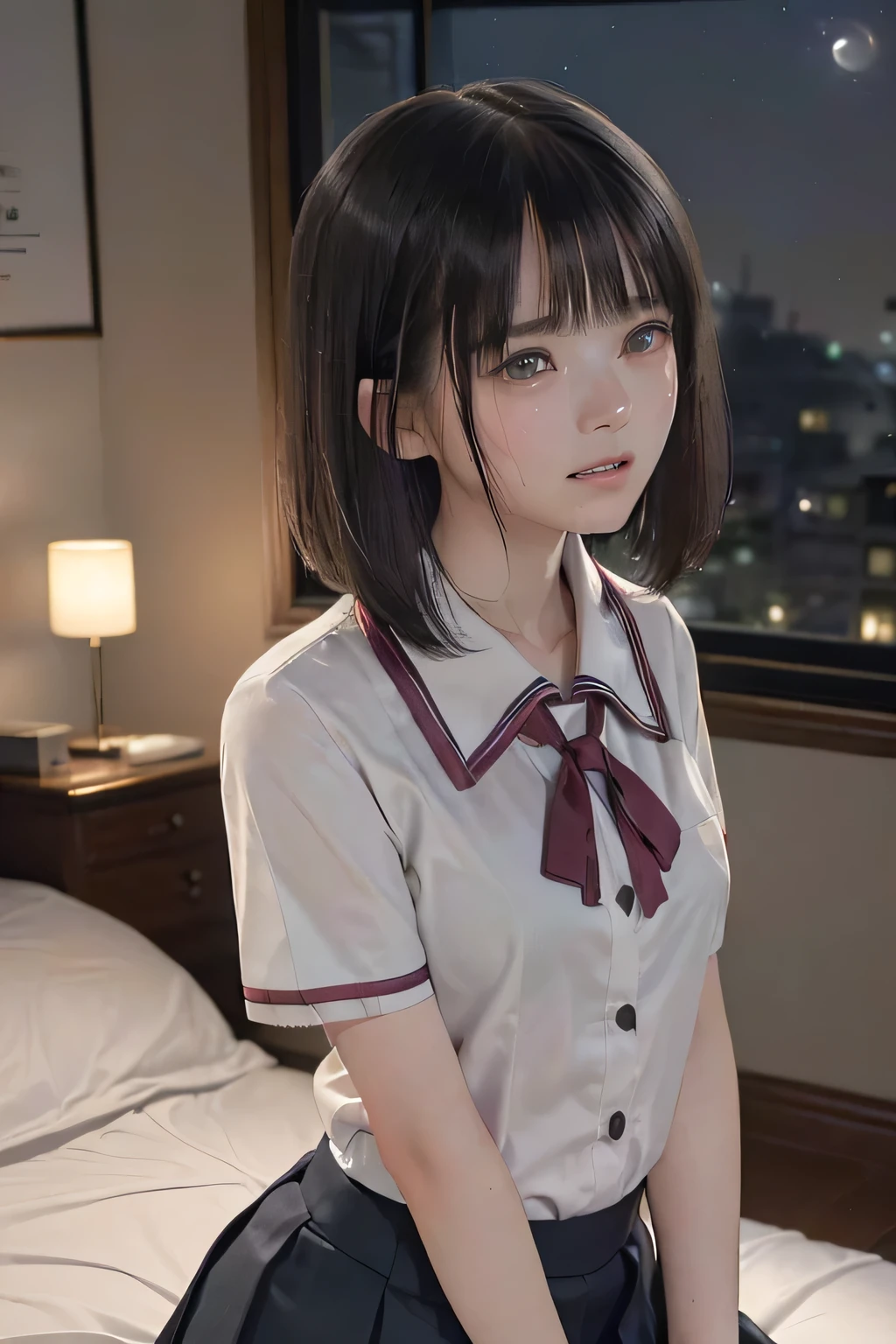 Beautiful woman, (Perfect Anatomy), thin、(OL、White short sleeve shirt、Highest、bow tie, Details Side tie panties), (Looking down), (Pussy juice:1.1)、(Hold my chest)、20-year-old、(Highest quality)、Black Hair, short hair、 Messy Hair、Bedroom、Sit on the bed、(Cutting sheet), (8k, High resolution)、(Embarrassing:1.4)、(blush:1.1), Center of chest, (vapour:1.1), Embarrassing,