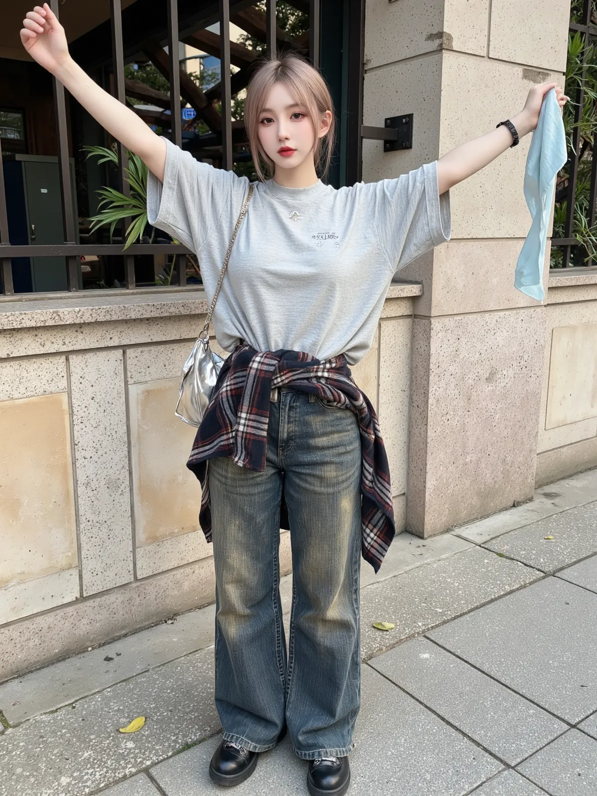 ((best quality, masterpiece:1.3, 8K)), (detailed), highly detailed face and skin texture, detailed eyes, downtown, full body, slender body, 1girl, 25 years old, white skin, blue eyes, worried, embarrassed, long hair, (forehead:0.8), (stylish top:1.2), denim pants, blue jeans, footwear, peeing jeans, peeing pants, pee stain, (wetting herself), desperation,