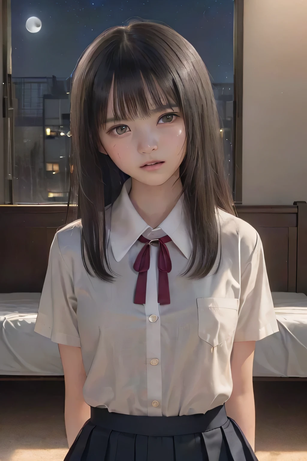 (masterpiece, Best Quality, 8K,Raw photo, High resolution:1.5), (1 girl, upper body, kneeling on the floor, Restrained girl, a girl is crying, arms behind back:1.6), (crying, sobbing, full-face blush, embarrassed, shyness), (dark background, night, indoor, moon light, bedroom, double bed:1.8), (Candid, Sophisticated, Thin arms, Narrow waist, Slim body, Slender girl:1.7), (Bokeh:1.7), (cleavage, small breasts:1.5), Beauty, (taken off shirt, Unbuttoned shirt, naked open shirt, school uniform with red ribbon, short sleeve shirt, Pleated miniskirt, slave metal collar:1.6), (black hair, black eyes:1.8), (forehead:1.7), japanese