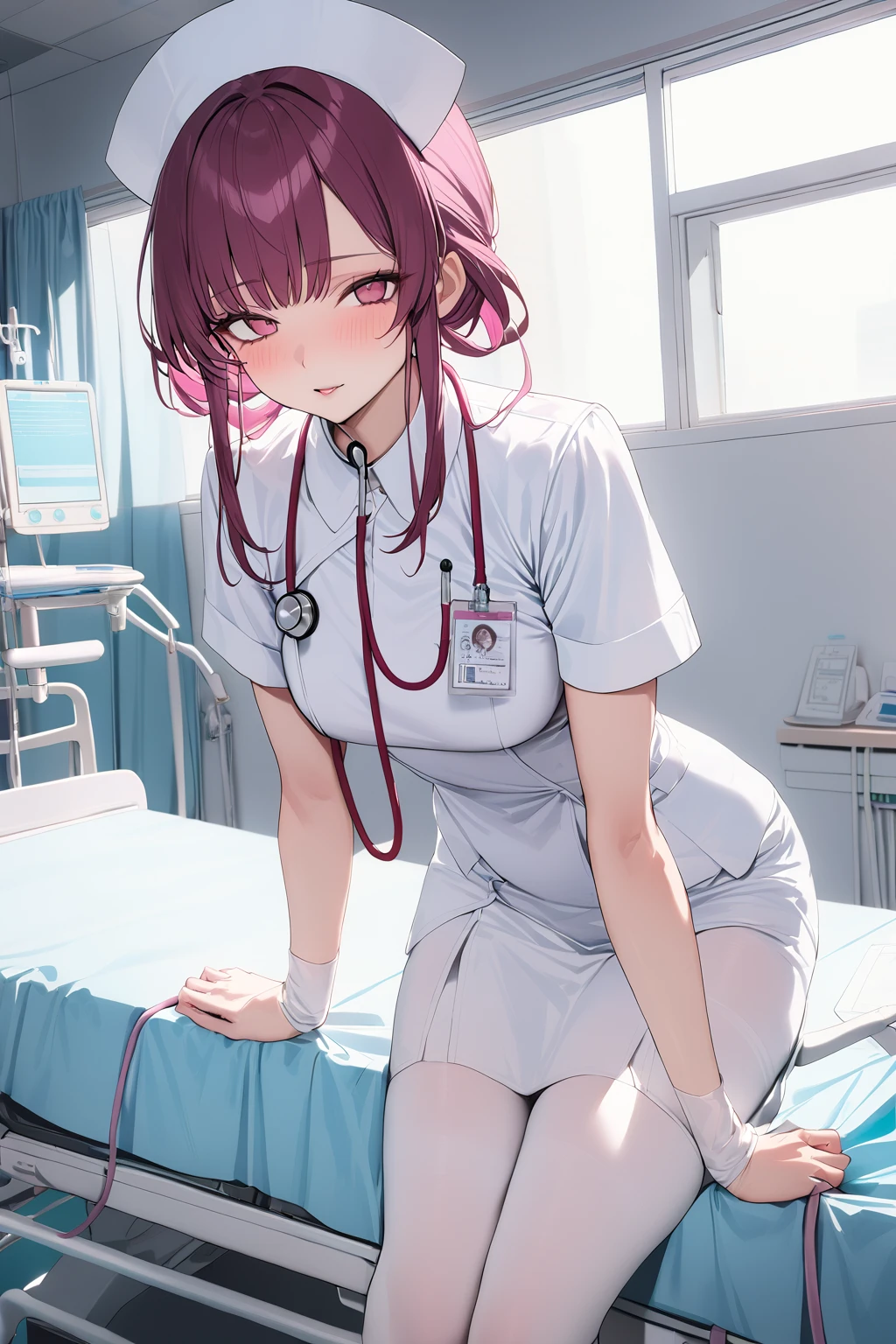 1girl,  natural lighting
hospital, operating room, 
(((White))) nurse uniform smooth, nurse, nurse hat, stethoscope, 
kafka,
 <lora:nurse_uniform_xl_v1_1:1>, masterpiece, best quality,