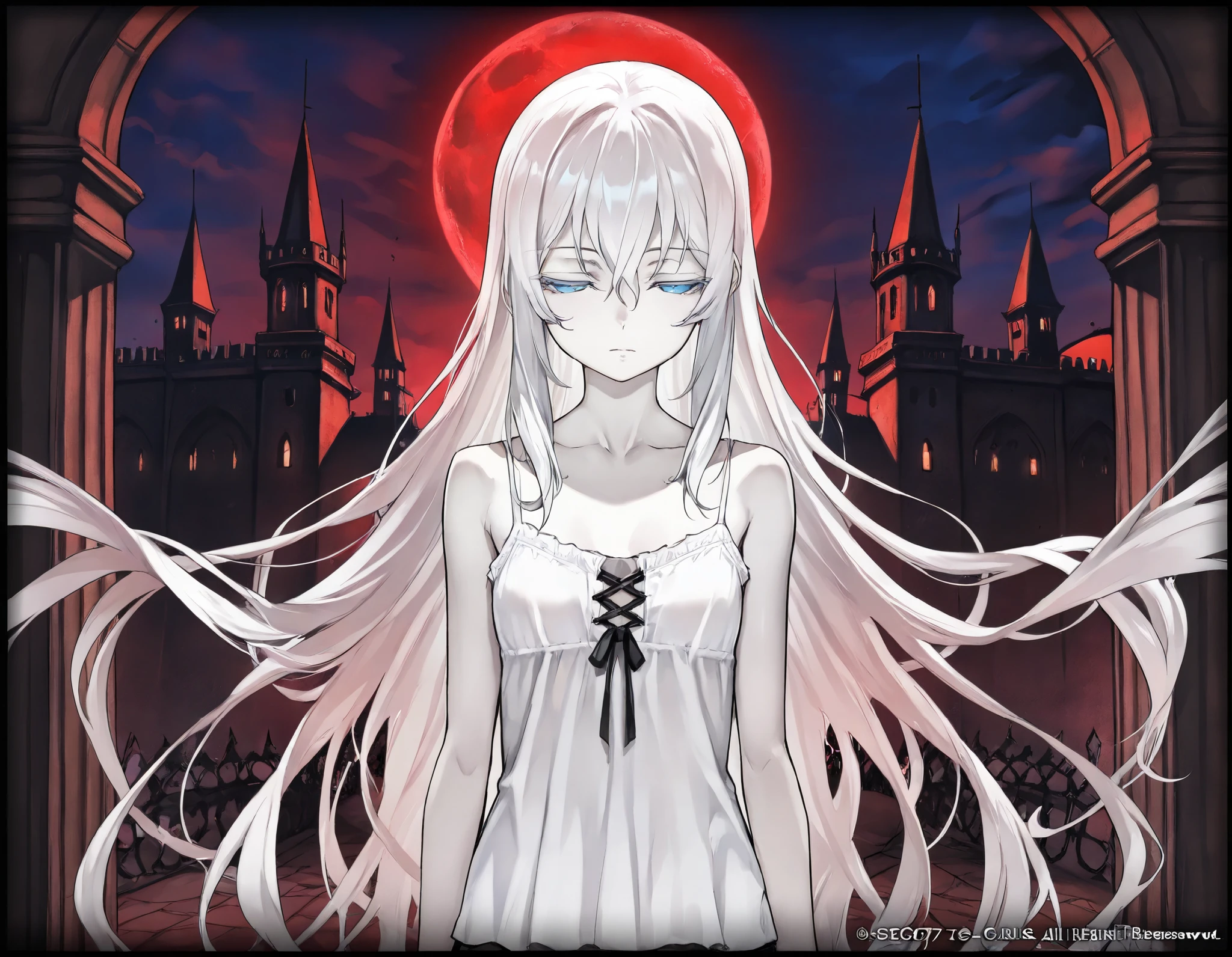 (best quality, highest quality:1.2), masterpiece, top quality, ultra high definition, rich contrasts, HD,8k, High Definition CG Unit Wallpaper, texture , Unbelievably Absurd, ultra high definition, RAW photos ,Deep border :1.2, very detailed,
1girl, solo, front_view, Diabolical, Ruined palace in the distance, Gloomy painting style, behind her a gothic castle,
Anime Girls, (white long camisole), pale skin, albino, white long hair, half closed eyes, blue eyes,
Score_9,Score_8,score_7_up,source_anime, rating_questionable, night, red moonlight,