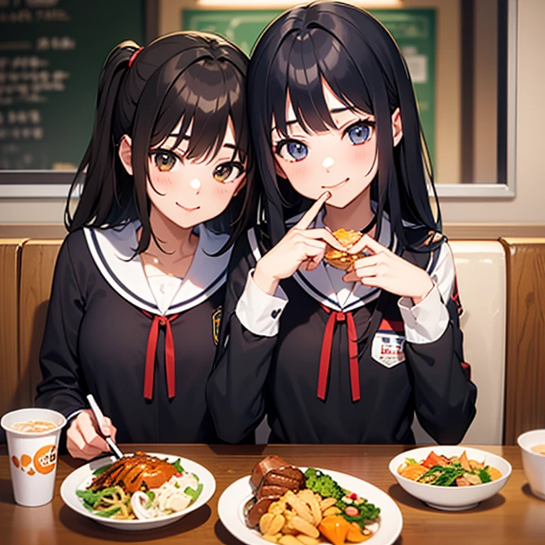 A girl with a high ponytail and a boy eat face to face in the school cafeteria,is shy,They didn't dare to look at each other,It's all black hair,All wearing school uniforms,Both had red faces,They all looked at the rice in their bowls