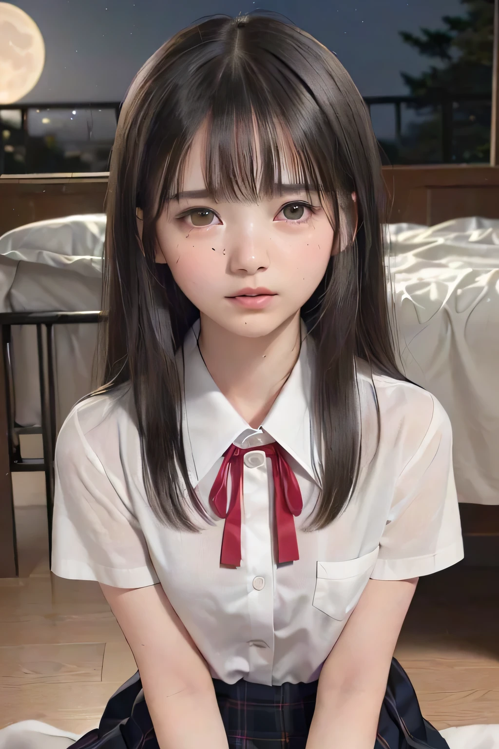 (masterpiece, Best Quality, 8K,Raw photo, High resolution:1.5), (1 girl, upper body, kneeling on the floor, Restrained girl, a girl is crying, arms behind back:1.6), (crying, sobbing, full-face blush, embarrassed, shyness), (dark background, night, indoor, moon light, bedroom, double bed:1.8), (Candid, Sophisticated, Thin arms, Narrow waist, Slim body, Slender girl:1.7), (Bokeh:1.7), (cleavage, small breasts:1.5), Beauty, (taken off shirt, Unbuttoned shirt, naked open shirt, school uniform with red ribbon, short sleeve shirt, Pleated miniskirt, slave metal collar:1.6), (black hair, black eyes:1.8), (forehead:1.7), japanese