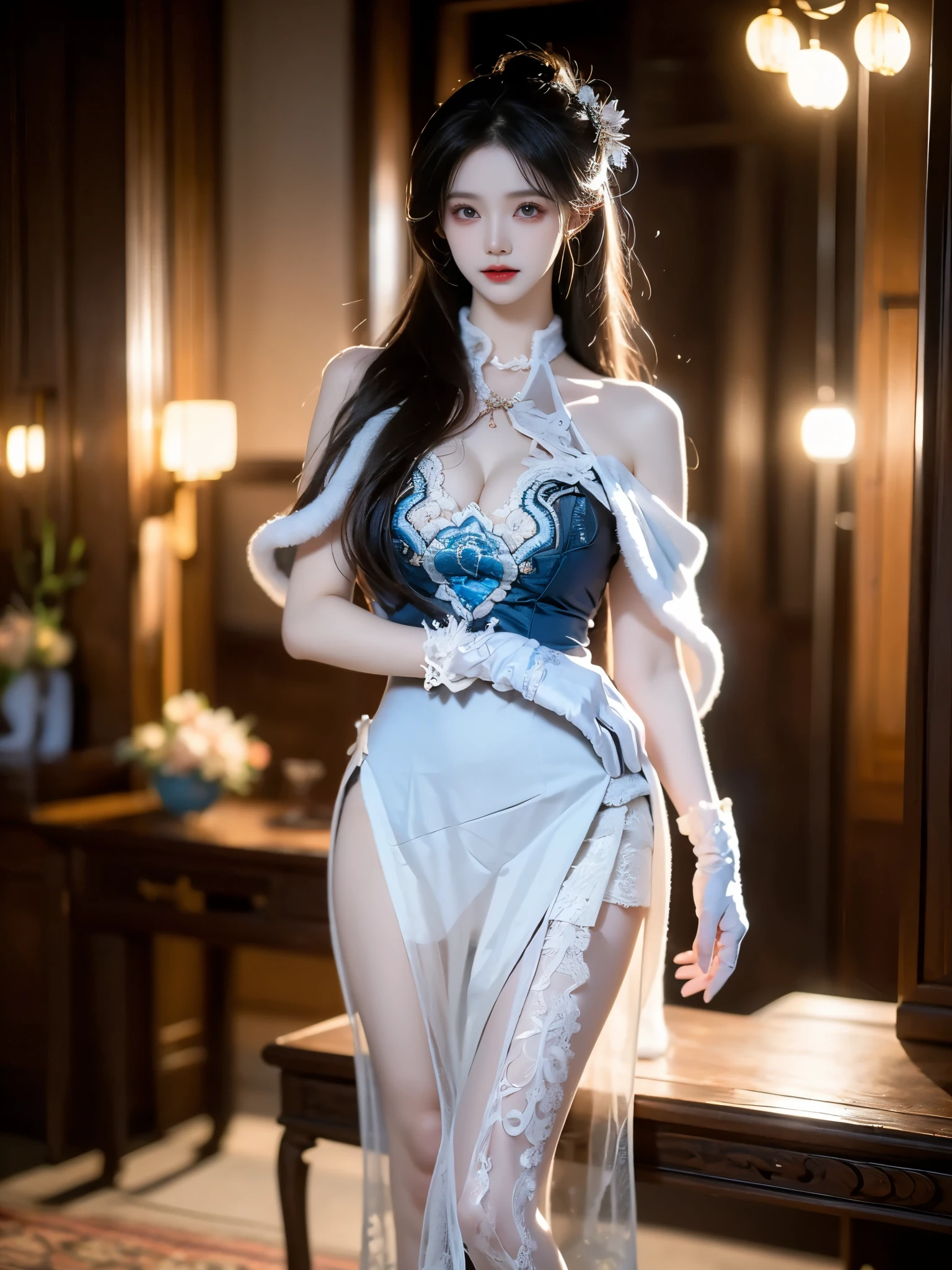 guqinghan,cangyugezhu,chinese clothes, china theme, blue dress,white lace trimgloves, fur trim, side slit, cape, shawl, ,,(photorealistic:1.3), masterpiece, best quality, ultra-detailed,beautiful asian woman, fashion model, (Black lace eye patch:1.3), (Full bust, visible cleavage, very short hemline), (Beautiful romantic style), (elegant contrapposto stance:1.4), (upright posture:1.3), (poised and graceful:1.2), (naturally balanced pose),(long slender legs:1.3), (perfectly proportioned legs), (smooth skin texture:1.2), (anatomically correct legs),(romantic atmosphere), (soft ambient light), (subtle moonlight:1.1),volumetric lighting, cinematic lighting, rim lighting,high detail skin texture, fine details, sharp focus,shallow depth of field, soft bokeh,8k uhd,delicate elegant romantic,soft lighting,fashion photography,close up shot,detailed lace texture,artistic portrait,studio lighting,high quality,detailed,masterpiece