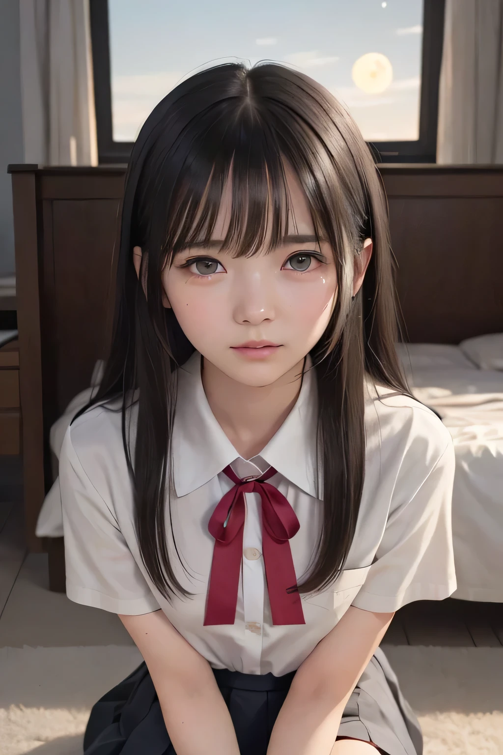 (masterpiece, Best Quality, 8K,Raw photo, High resolution:1.5), (1 girl, upper body, kneeling on the floor, Restrained girl, a girl is crying, arms behind back:1.6), (crying, sobbing, tearing, tearful, full-face blush, embarrassed, shyness), (dark background, night, indoor, moon light, bedroom, double bed:1.8), (Candid, Sophisticated, Thin arms, Narrow waist, Slim body, Slender girl:1.7), (Bokeh:1.7), (cleavage, small breasts:1.5), Beauty, (taken off shirt, Unbuttoned shirt, naked open shirt, school sailor uniform with red ribbon, serafuku, short sleeve shirt, Pleated miniskirt, slave metal collar, chained handcuff:1.9), (short two braids hair, black eyes:1.8), (forehead:1.7), japanese