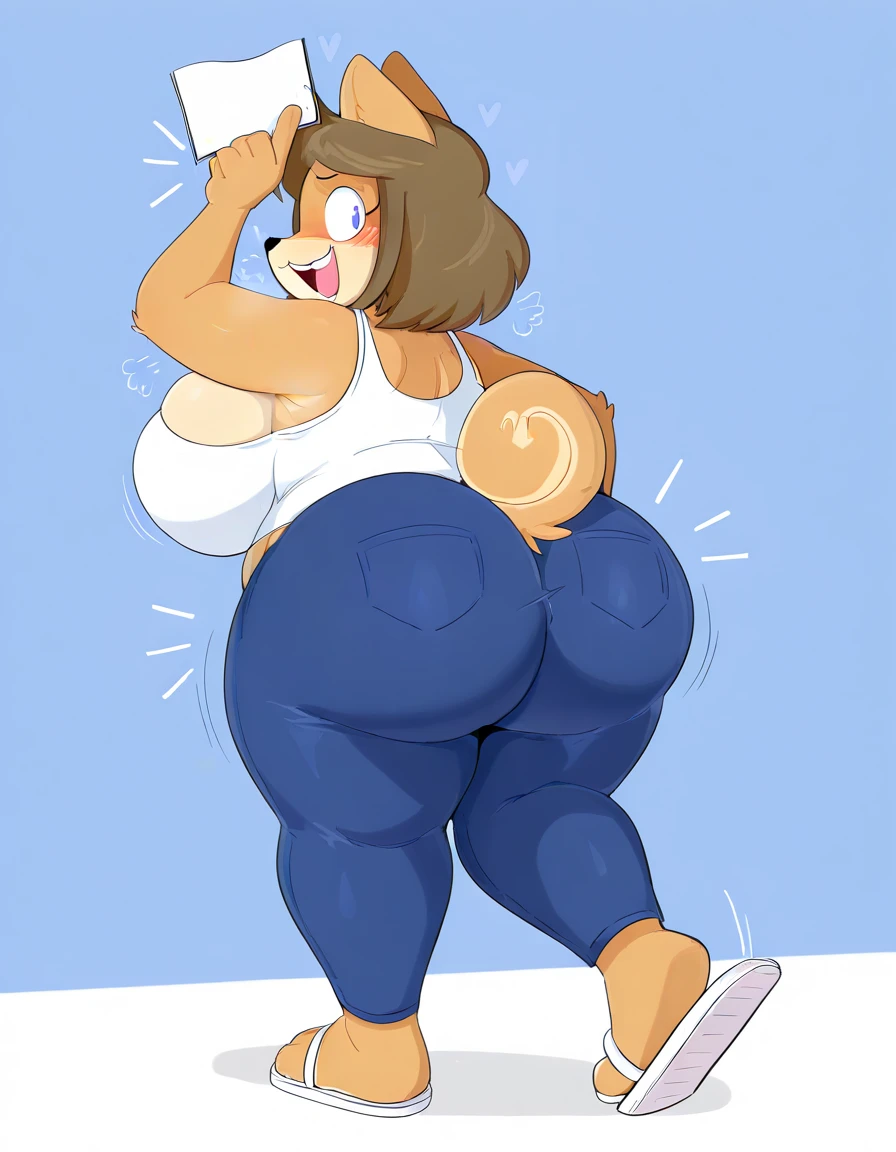 ((masterpiece, best quality)),(complex light), solo, solo focus, 1boy, room, yellow shirt, jeans, shaggy brown hair, skinny, cartoony, big butt, looking behind, looking at viewer, embarrassed, bending down, squishing butt, side view