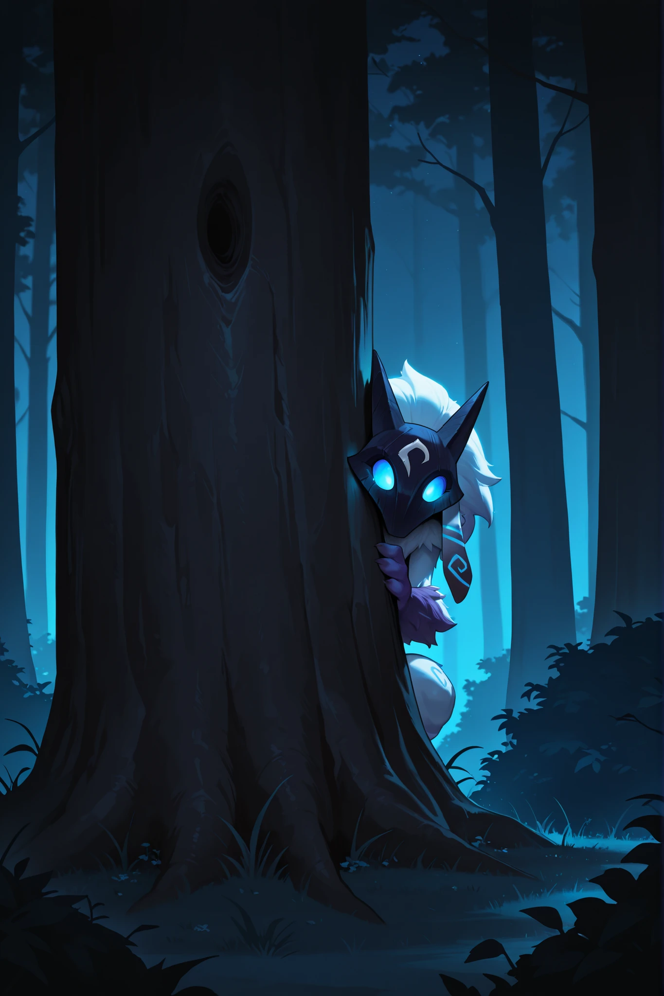 masterpiece, best quality, amazing quality, very aesthetic, high resolution, newest, hyper-detailed, sfw, solo, 1female, lamb anthro, kindred \(league of legends\), glowing, glowing eyes, fur \(clothing\), white fur, hiding, behind tree, peeking, bush, dark background, night, night sky, forest background, absurdres, highres