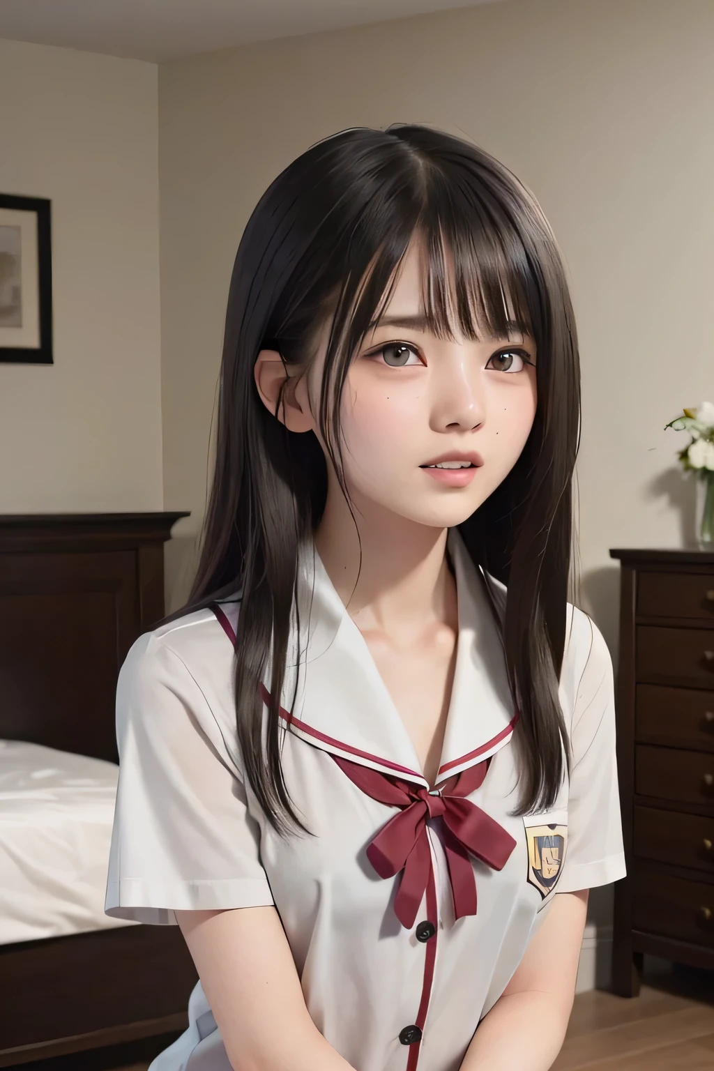 (masterpiece, Best Quality, 8K,Raw photo, High resolution:1.5), (1 girl, upper body, kneeling on the floor, Restrained girl, a girl is crying, arms behind back:1.6), (crying, sobbing, tearing, tearful, full-face blush, embarrassed, shyness), (dark background, night, indoor, moon light, bedroom, double bed:1.8), (Candid, Sophisticated, Thin arms, Narrow waist, Slim body, Slender girl:1.7), (Bokeh:1.7), (cleavage, small breasts:1.5), Beauty, (taken off shirt, Unbuttoned shirt, naked open shirt, school sailor uniform with red ribbon, serafuku, short sleeve shirt, Pleated miniskirt, slave metal collar, chained handcuff:1.9), (short two braids hair, black eyes:1.8), (forehead:1.7), japanese