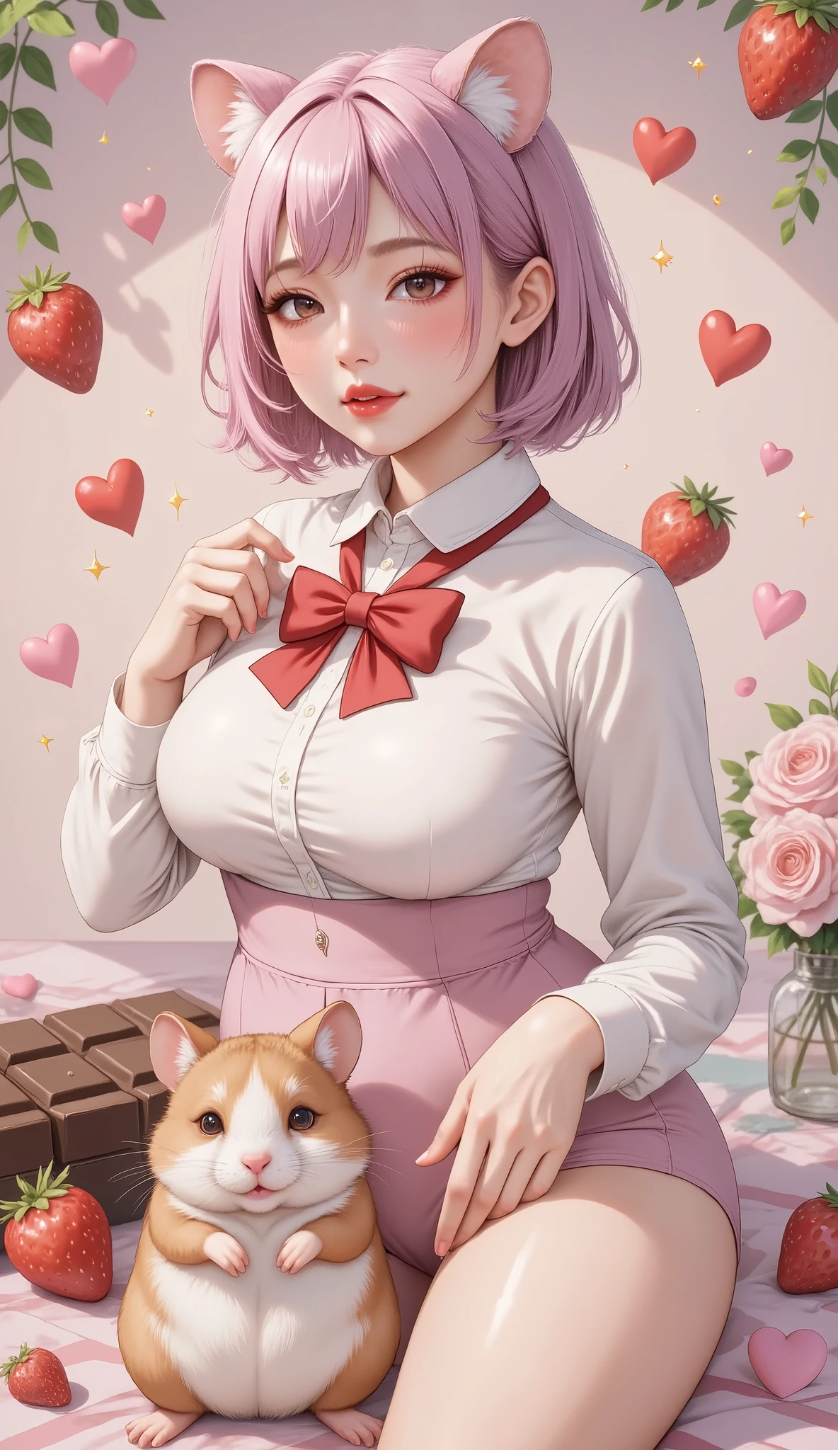  cute illustration ,Valentine&#39;s Day,(Hamako-chan  ,Hamster girl,(( light pink hair  : Bob:1.3),Cut your bangs ,Scandinavian style clothes and hat,Hamster ears), dynamic pose,((Hamster:1.3)There is a Hamster beside her:Sup er cute Hamster:Hamster anatomically correct),chocolate and strawberry, cute background ,Patchwork quilt,Nordic style,💖,✨,heart mark,flash