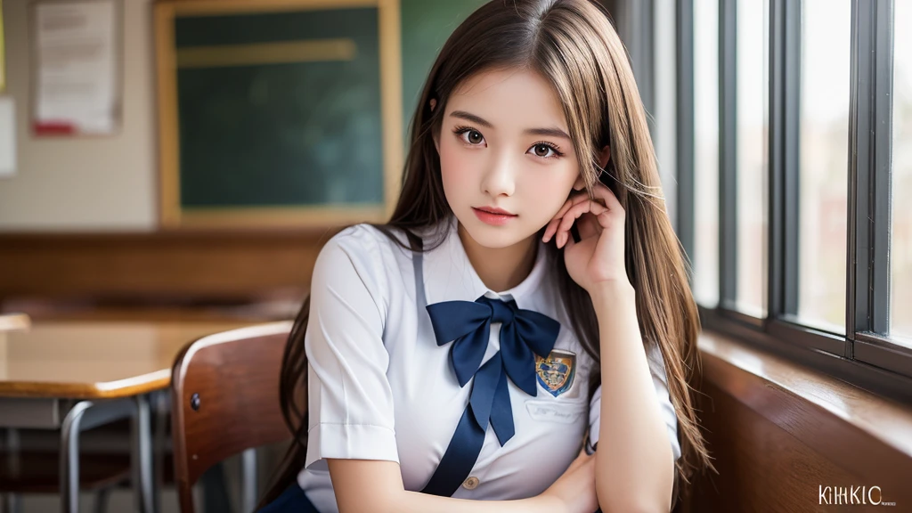 (1ung girl), kawaii, (highly detailed Beautiful face), Amazing face and eyes, (Best Quality:1.4), (Ultra-detailed), (extremely detailed CG unified 8k wallpaper), Highly detailed, High-definition raw color photos, Professional Photography, Realistic portrait, twintails, (hi-school uniform, pleated mini skirt:1.3), (hi-school uniform with wide open breasts:1.2), Sitting, (open your legs), cameltoe, depth of fields, School, classroom, (fine face:1.2), (from below:1.2)